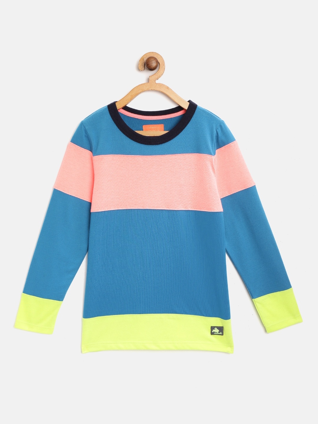 

Cherry Crumble Boys Teal Blue & Coral Pink Colourblocked Round Neck T-shirt