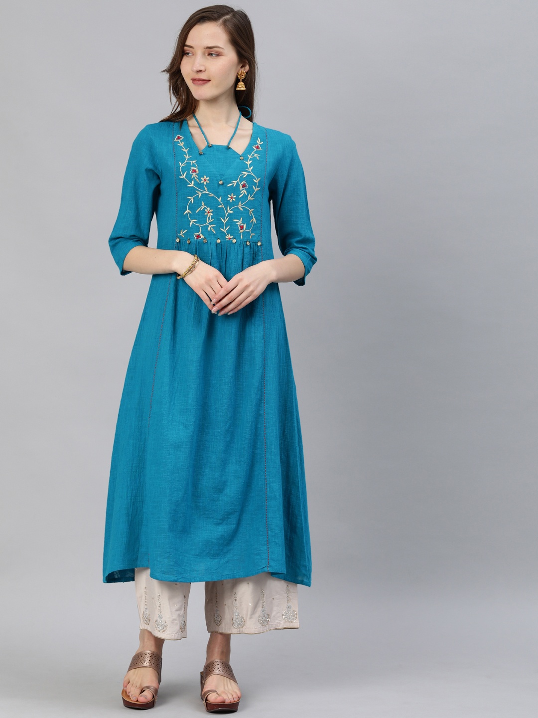

YASH GALLERY Women Teal Blue Embroidered A-Line Kurta