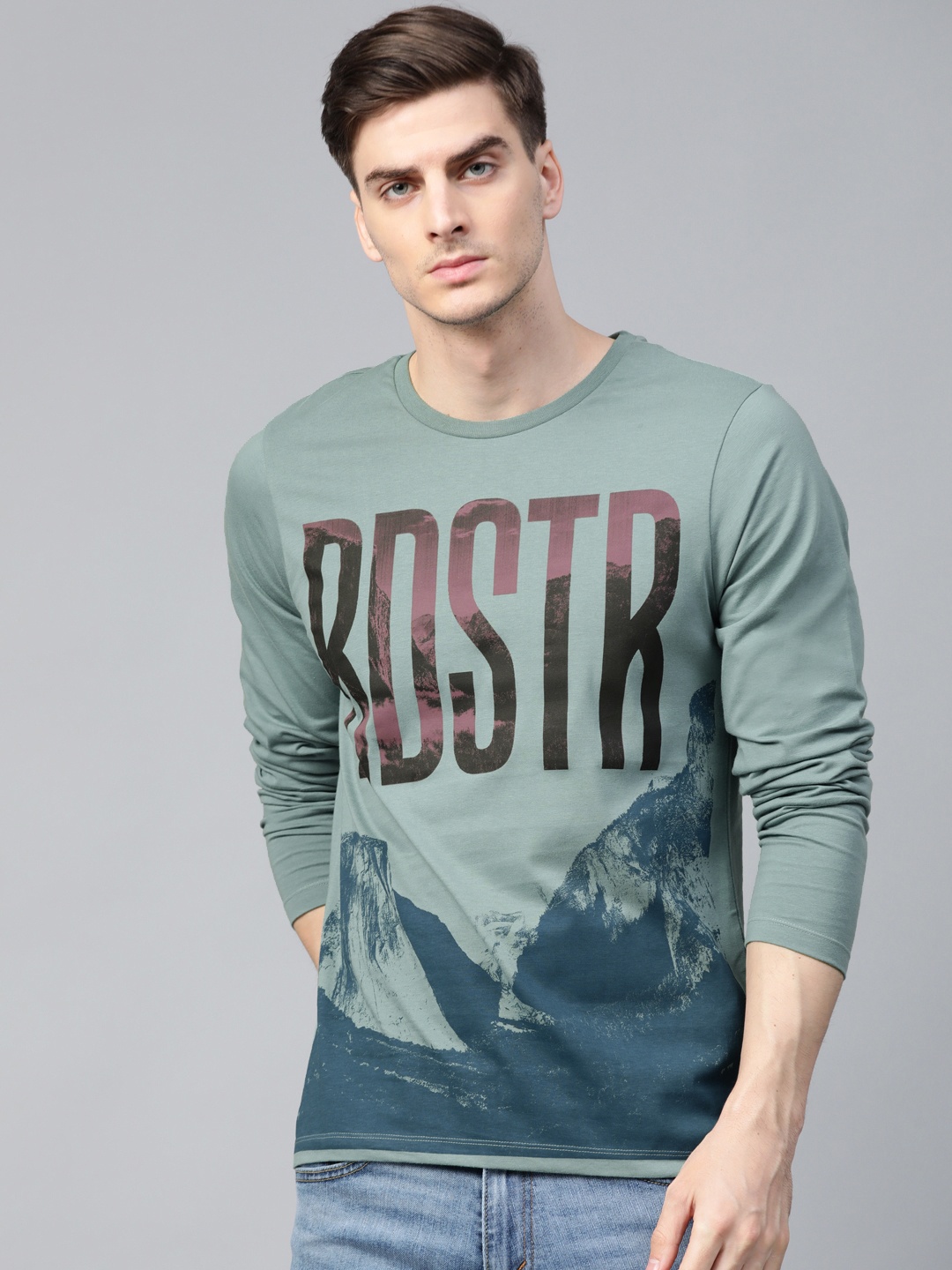 

Roadster Men Green & Teal Blue Printed Round Neck T-shirt