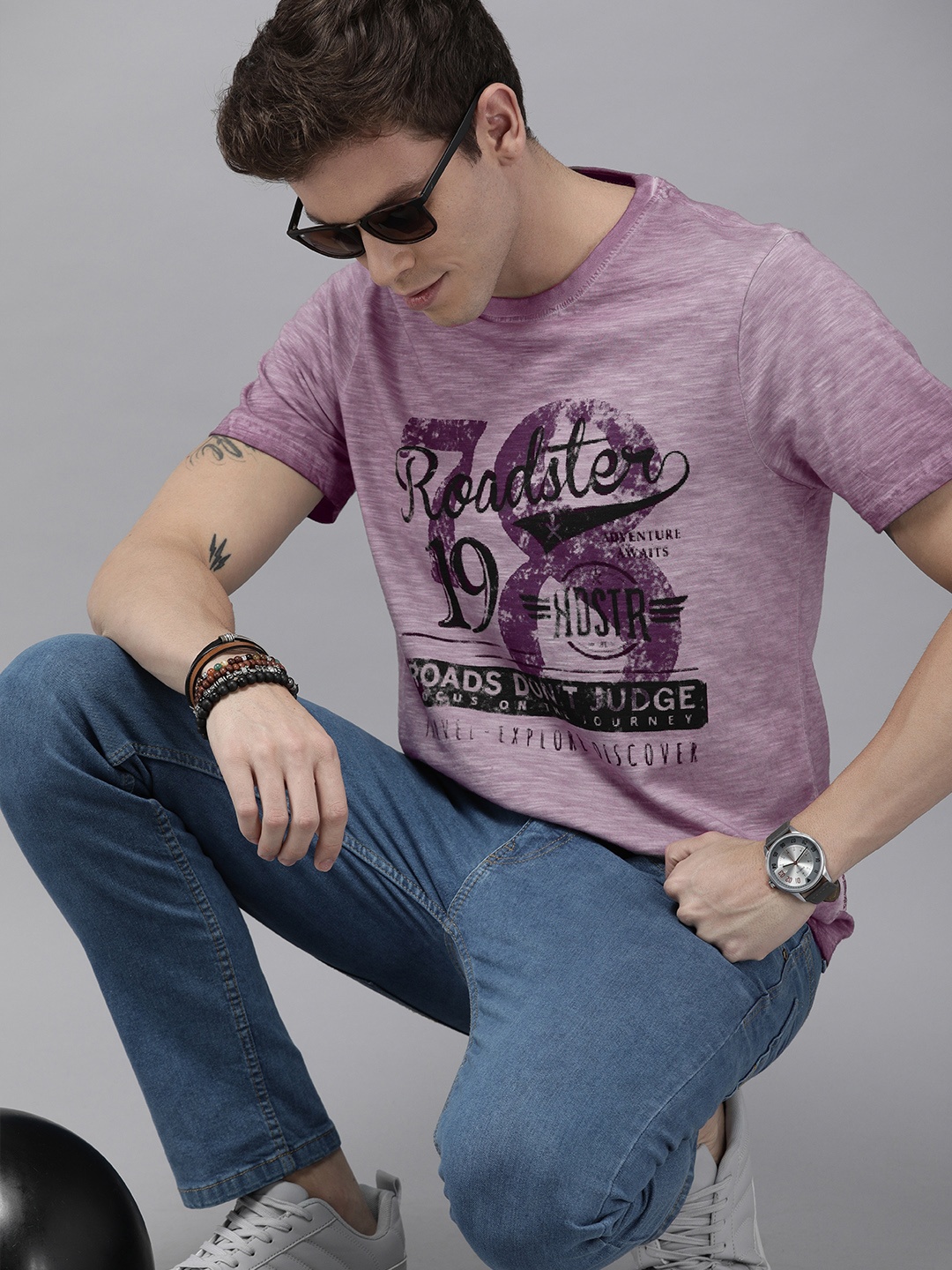 

Roadster Men Purple Printed Round Neck Pure Cotton T-shirt