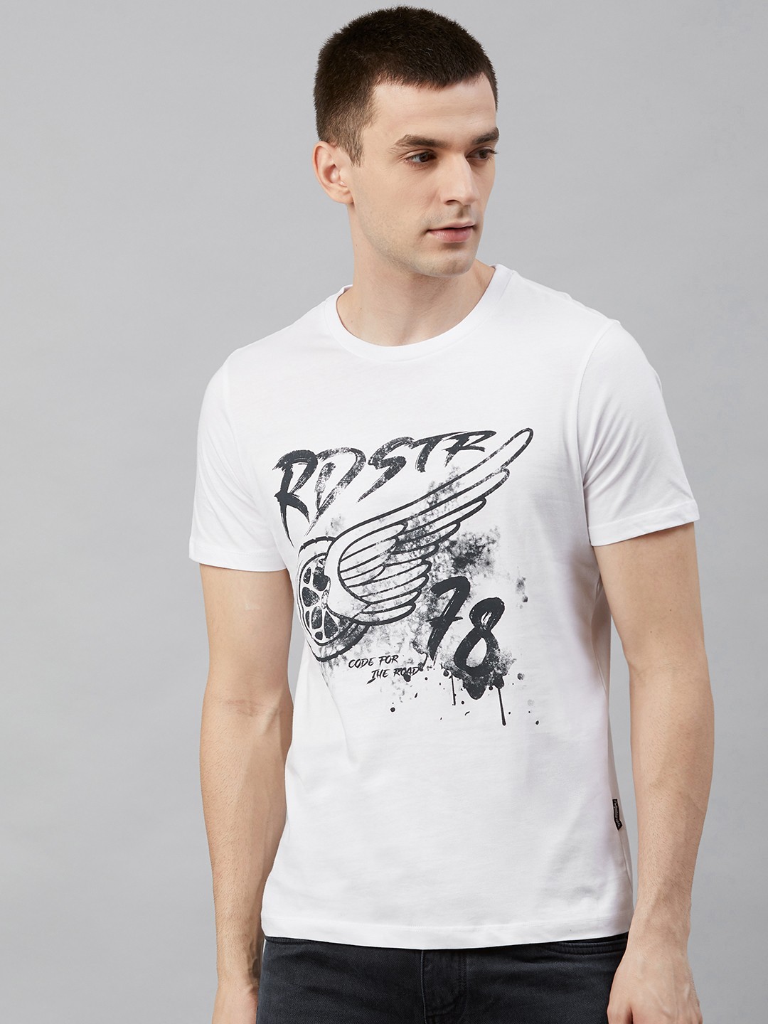 

Roadster Men White & Navy Blue Printed Round Neck T-shirt