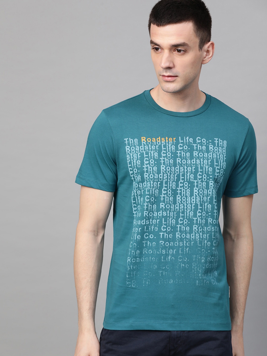 

Roadster Men Teal Green Printed Round Neck Pure Cotton T-shirt