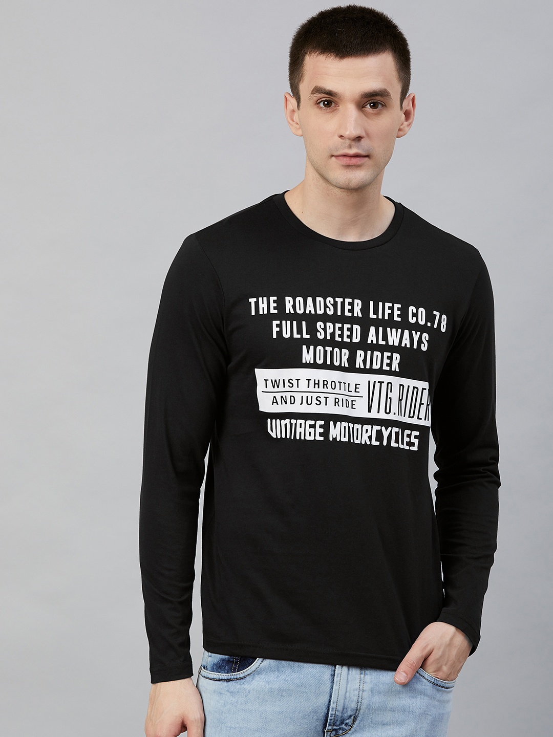 

Roadster Men Black White Printed Round Neck Pure Cotton T-shirt