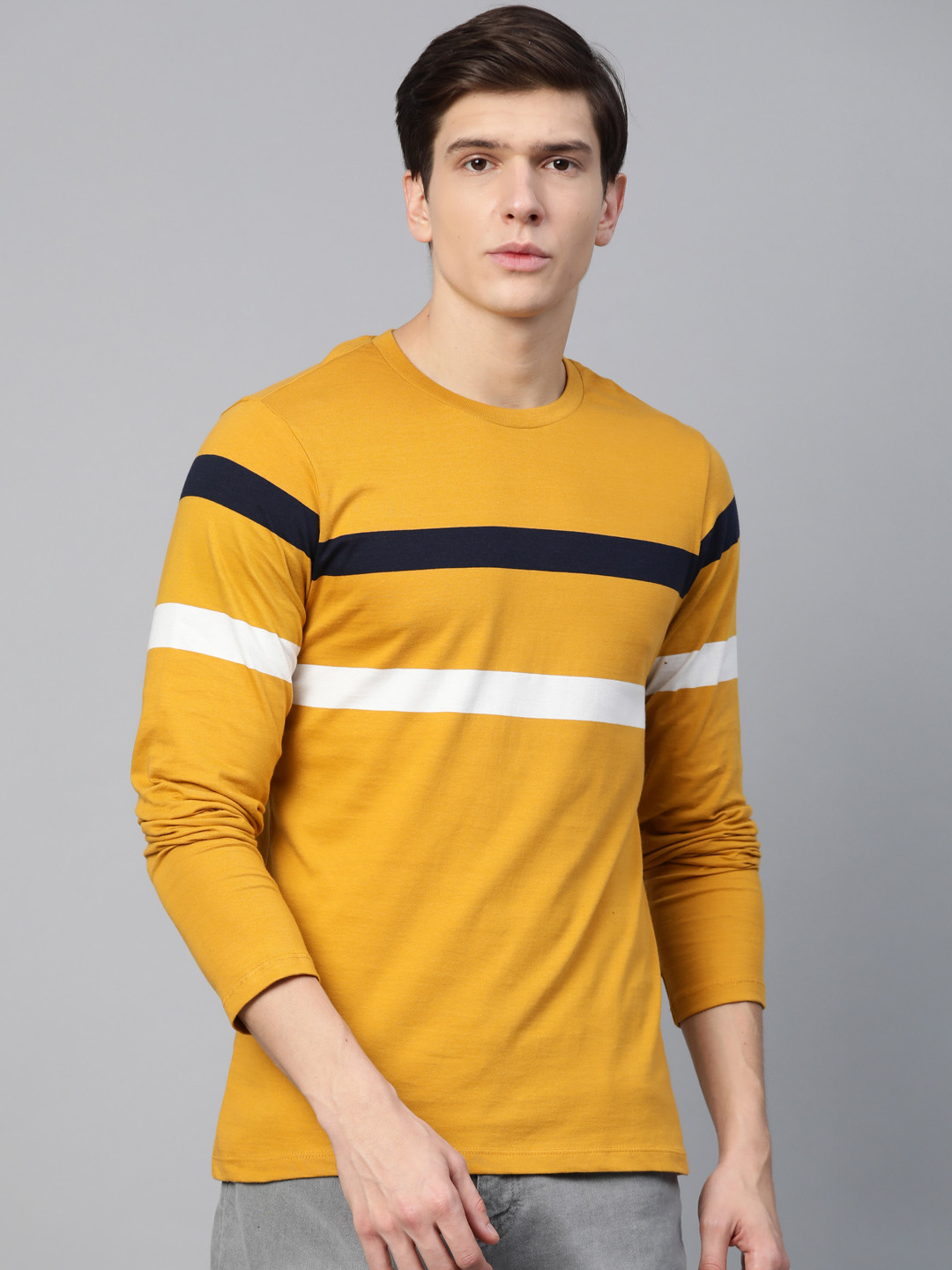 

Roadster Men Mustard Yellow Navy Blue Striped Detail Round Neck Pure Cotton T-shirt