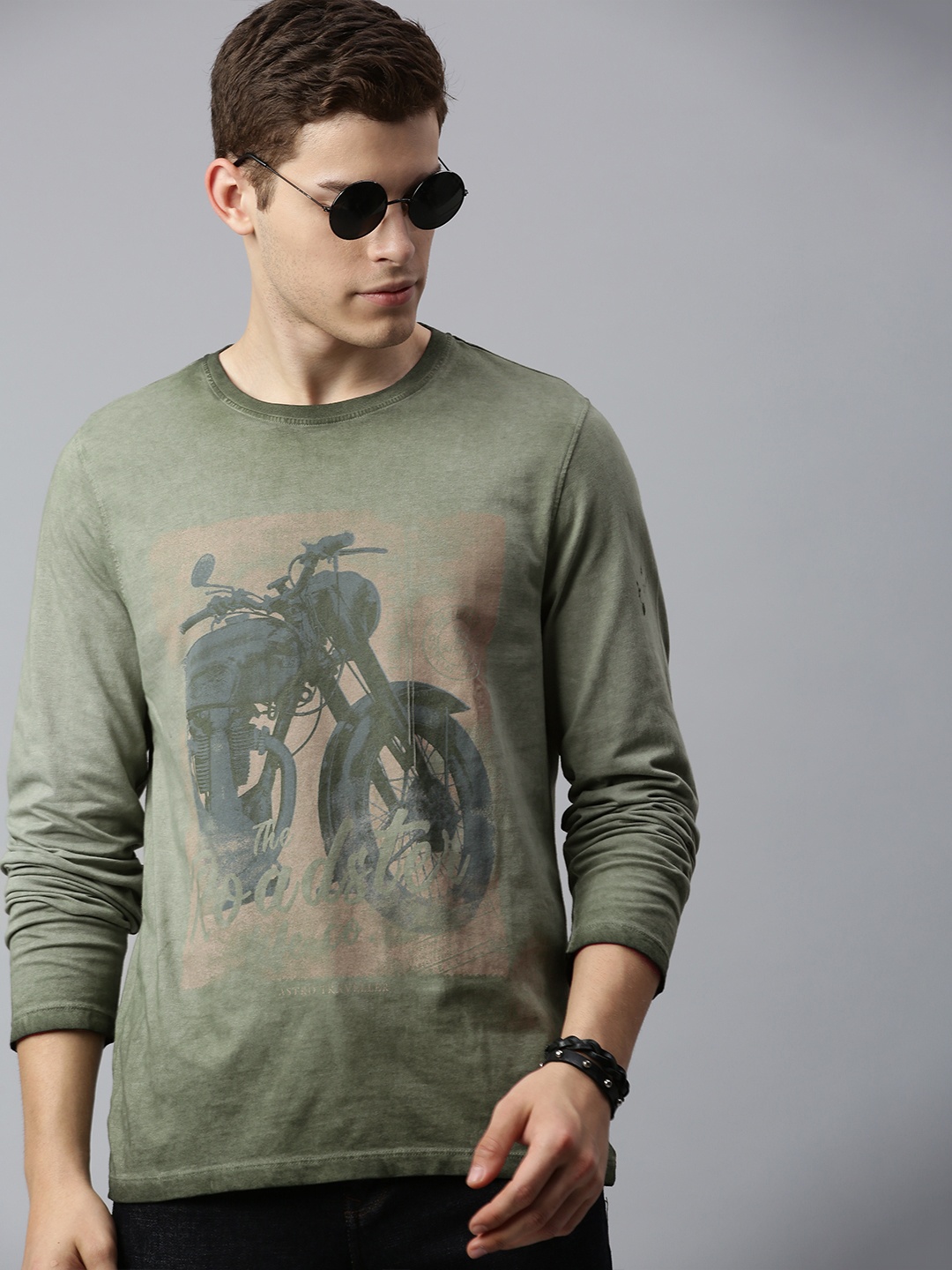 

Roadster Men Olive Green Printed Round Neck Pure Cotton T-shirt