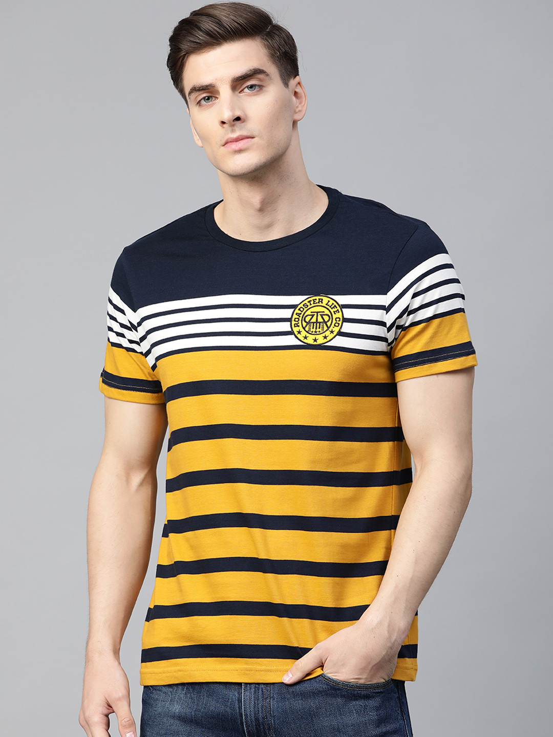 

Roadster Men Mustard Yellow & Navy Blue Striped Round Neck T-shirt
