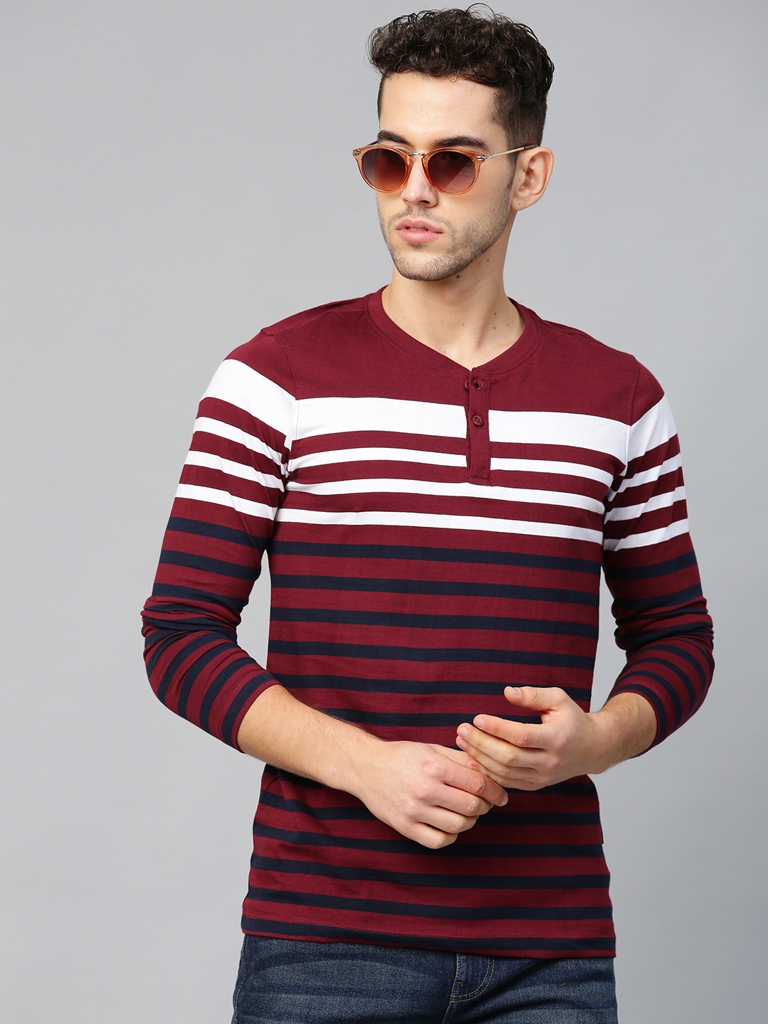 

Roadster Men Maroon & Nvy Blue Striped Henley Neck T-shirt