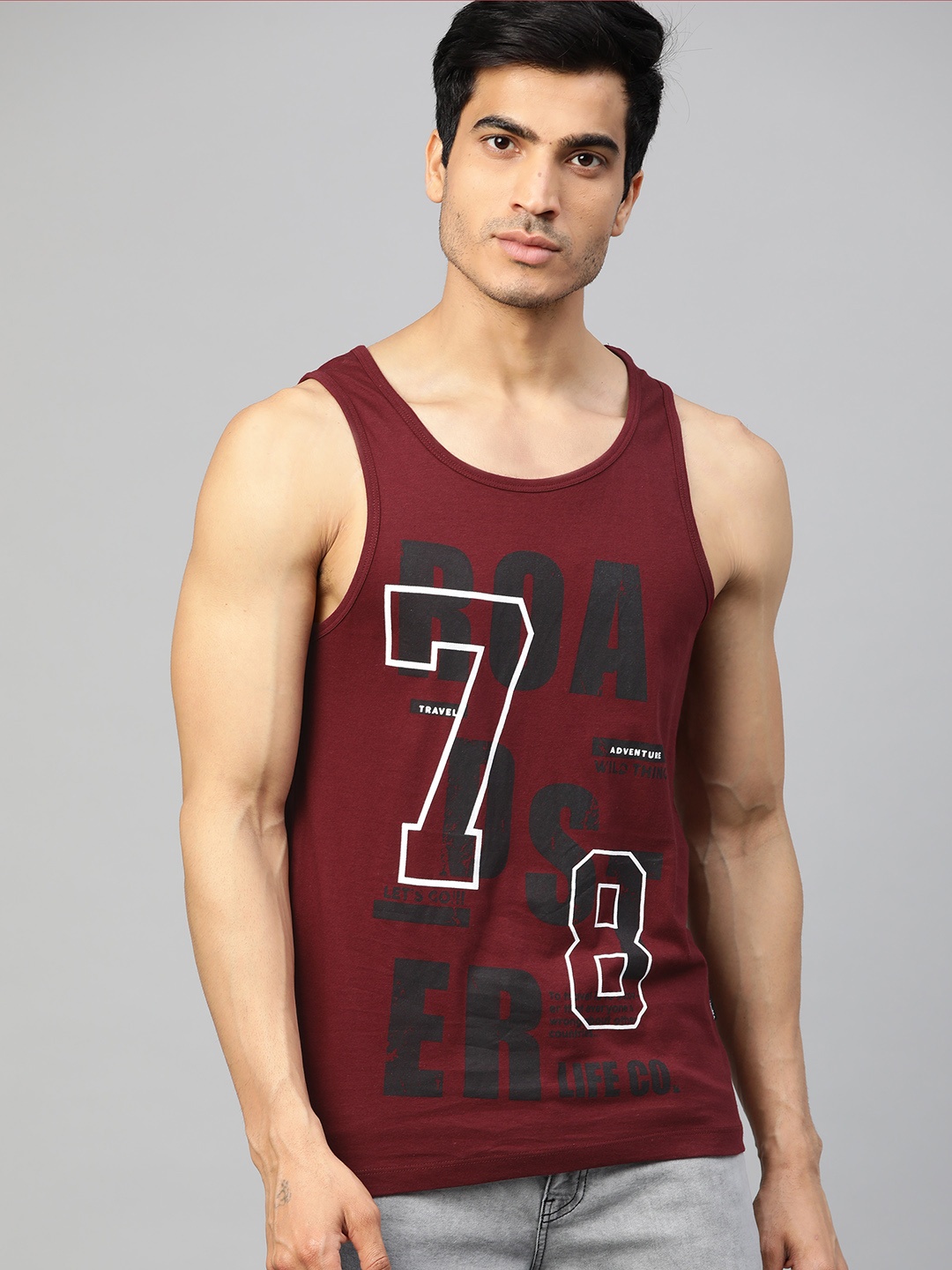 

Roadster Men Burgundy & Charcoal Grey Printed Round Neck T-shirt