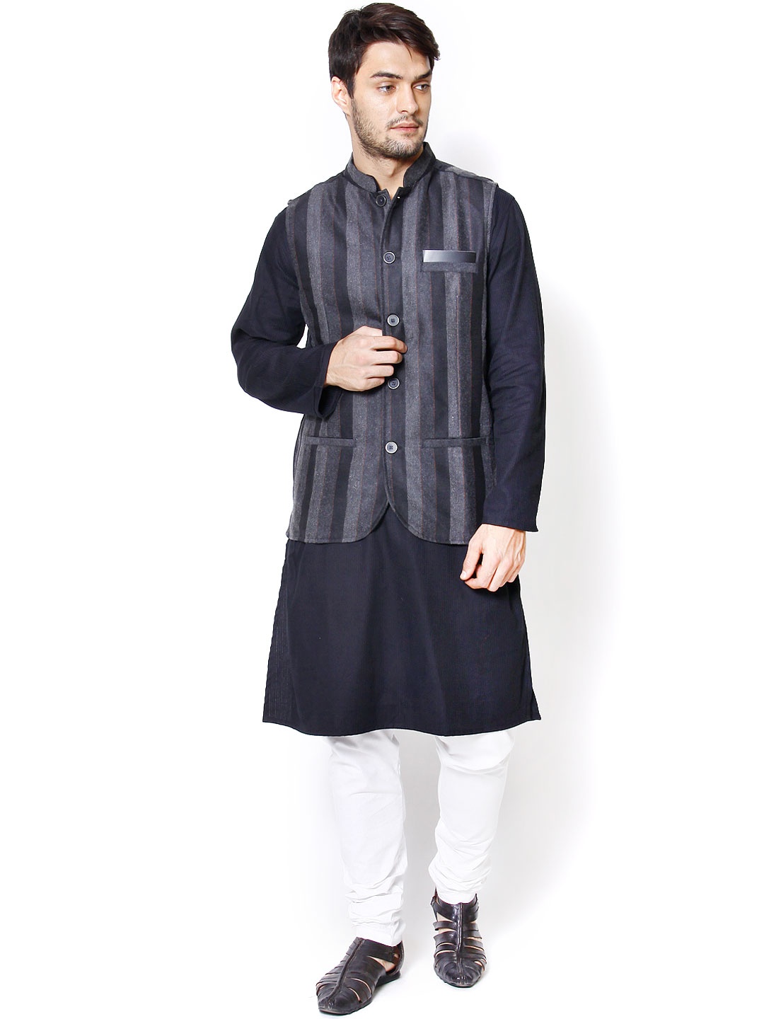

even Black & Grey Striped Slim Fit Nehru Jacket