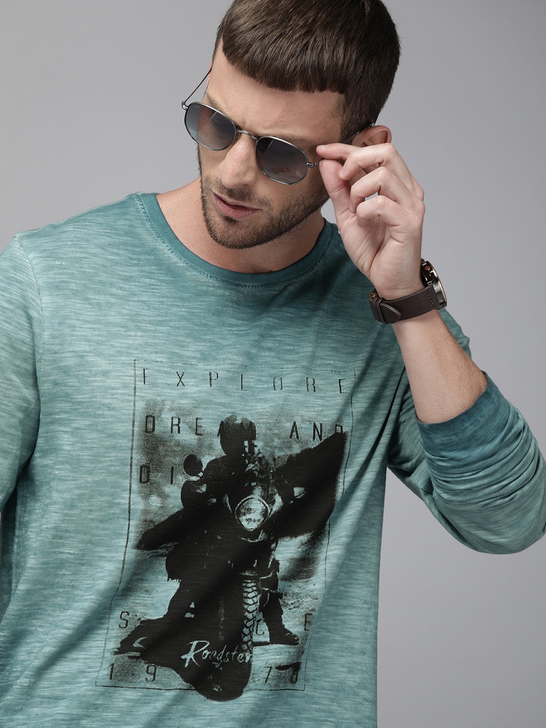 

Roadster Men Teal Green Printed Round Neck Pure Cotton T-shirt