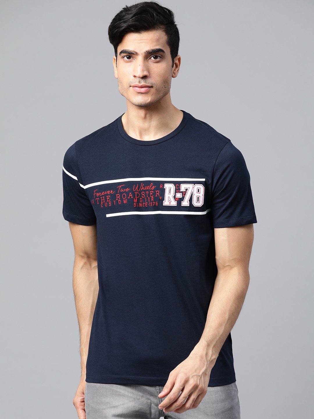 

Roadster Men Navy Blue Red Printed Round Neck Pure Cotton T-shirt