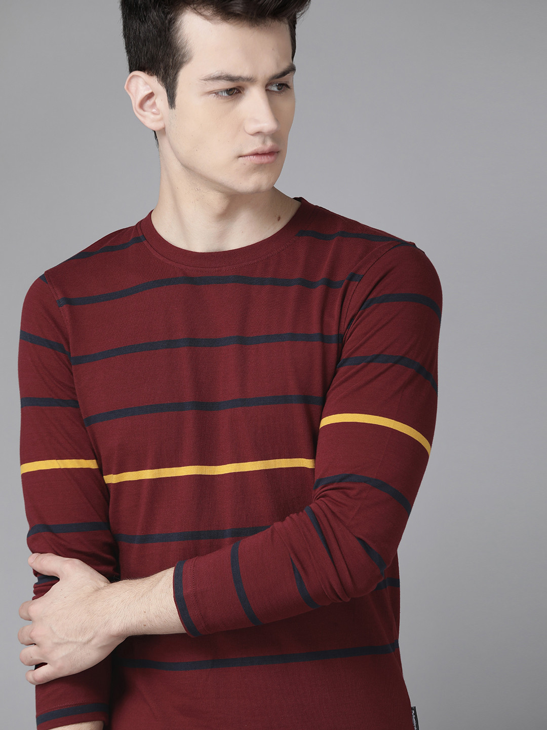 

Roadster Men Burgundy Navy Blue Striped Round Neck Pure Cotton T-shirt