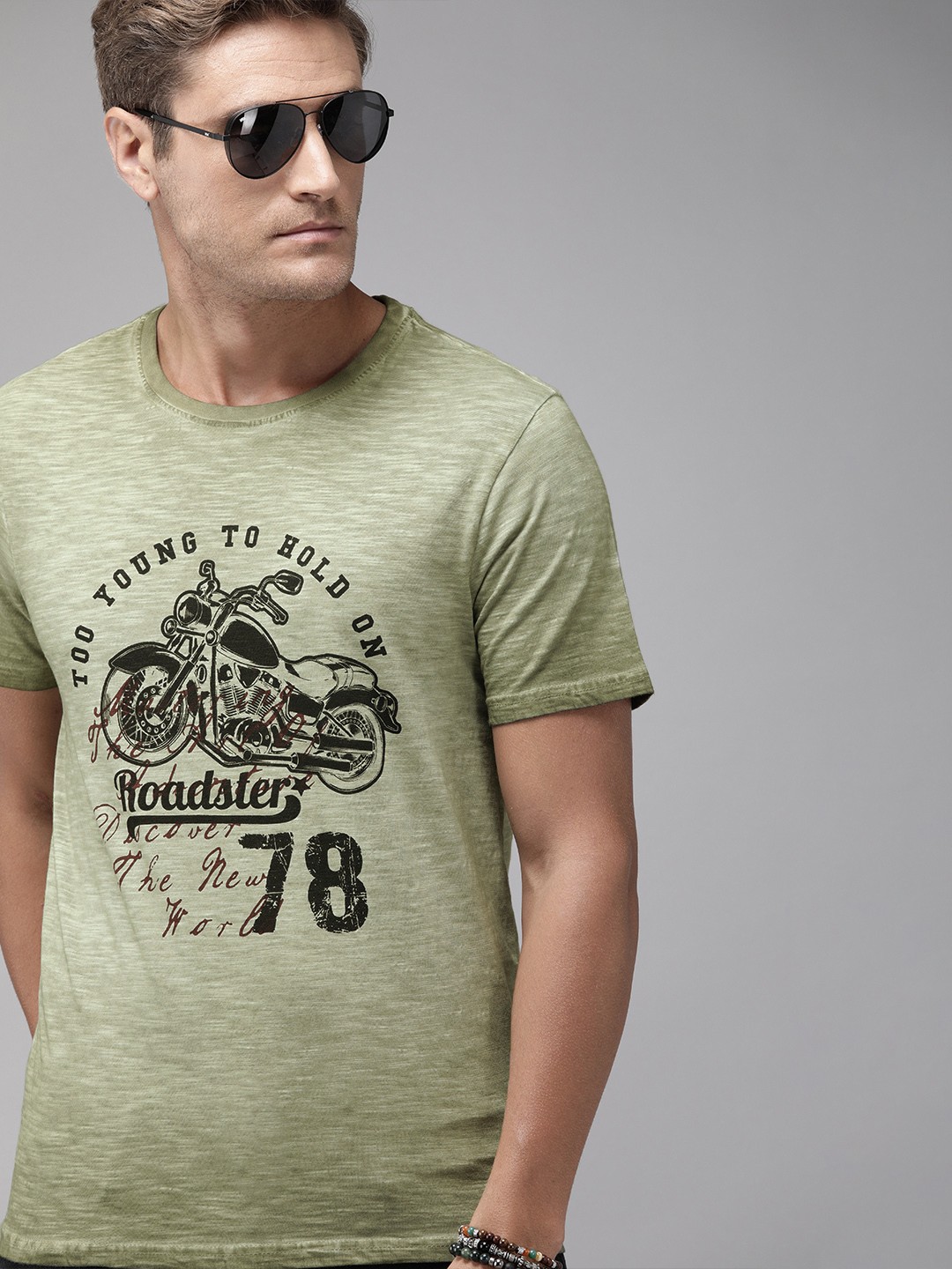 

Roadster Men Green Printed Round Neck Pure Cotton T-shirt