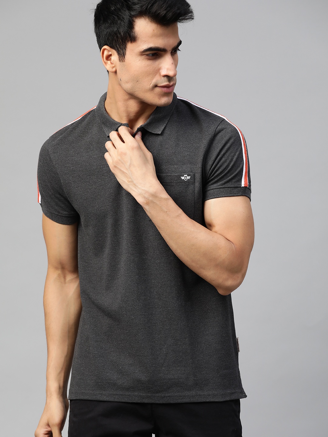 

Roadster Men Charcoal Grey Solid Polo Collar Pure Cotton T-shirt