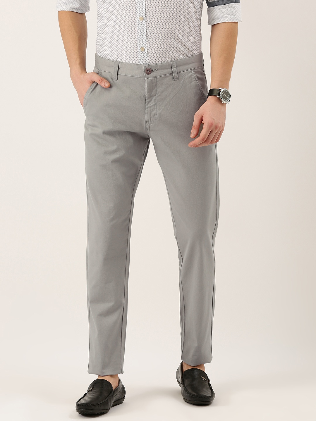 

Flying Machine Men Grey Super Slim Fit Solid Regular Trousers