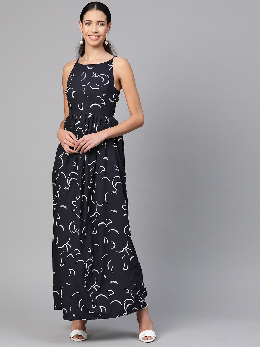 

Zima Leto Women Navy Blue & White Printed Maxi Dress