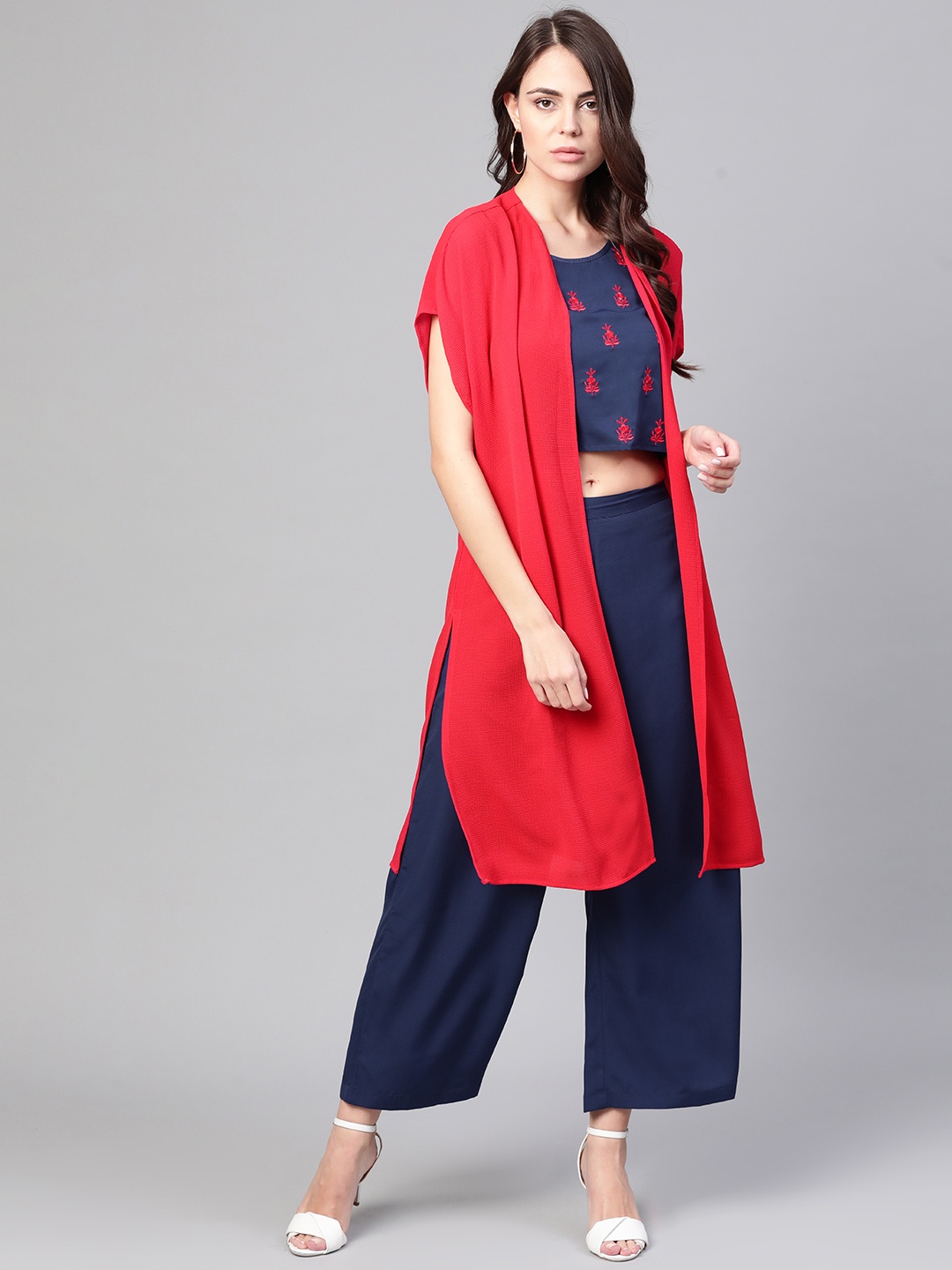 

Zima Leto Women Navy Blue & Red Embroidered Top with Palazzos & Shrug