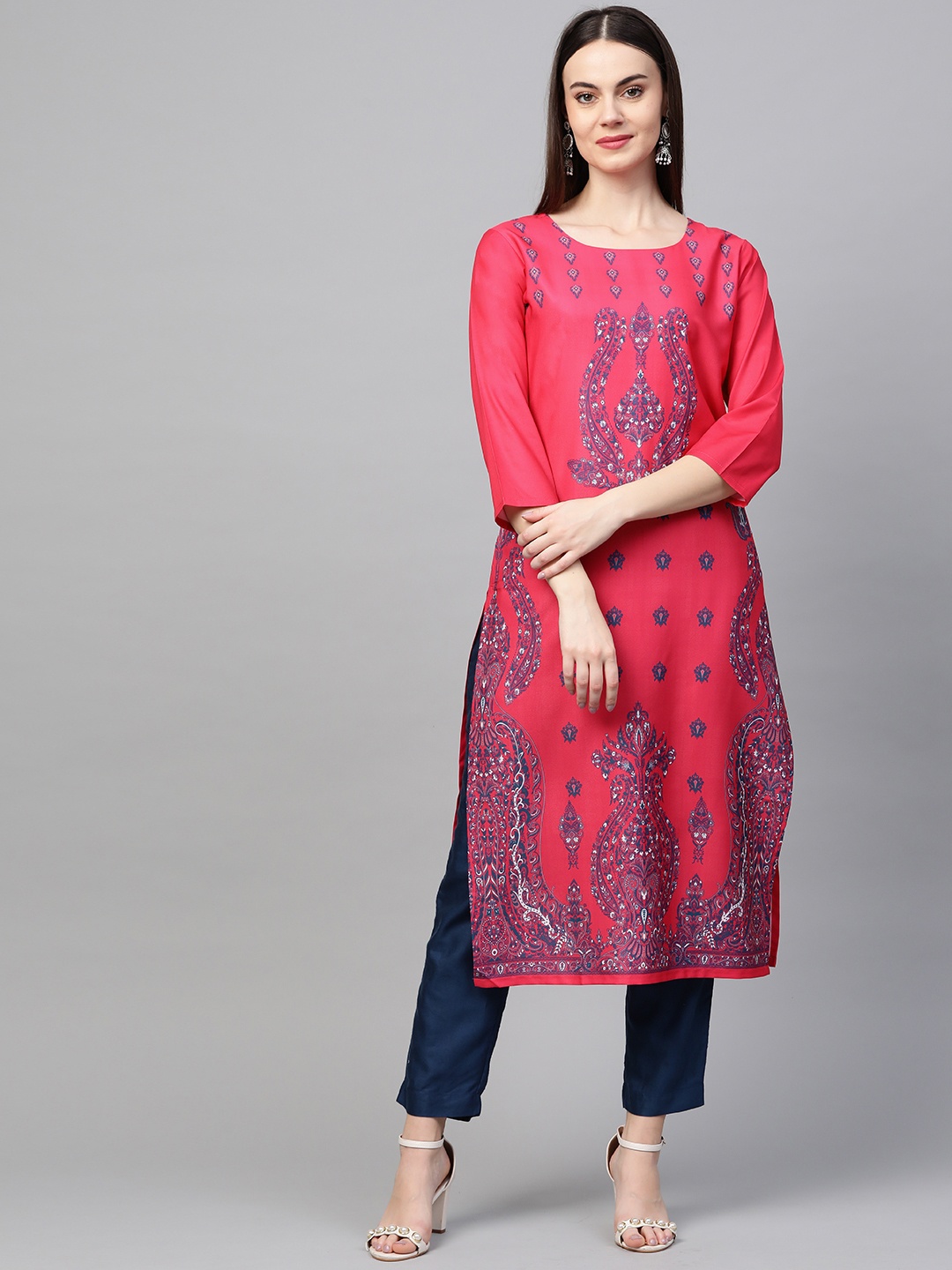 

AHIKA Women Pink & Teal Blue Screen Print Straight Kurta