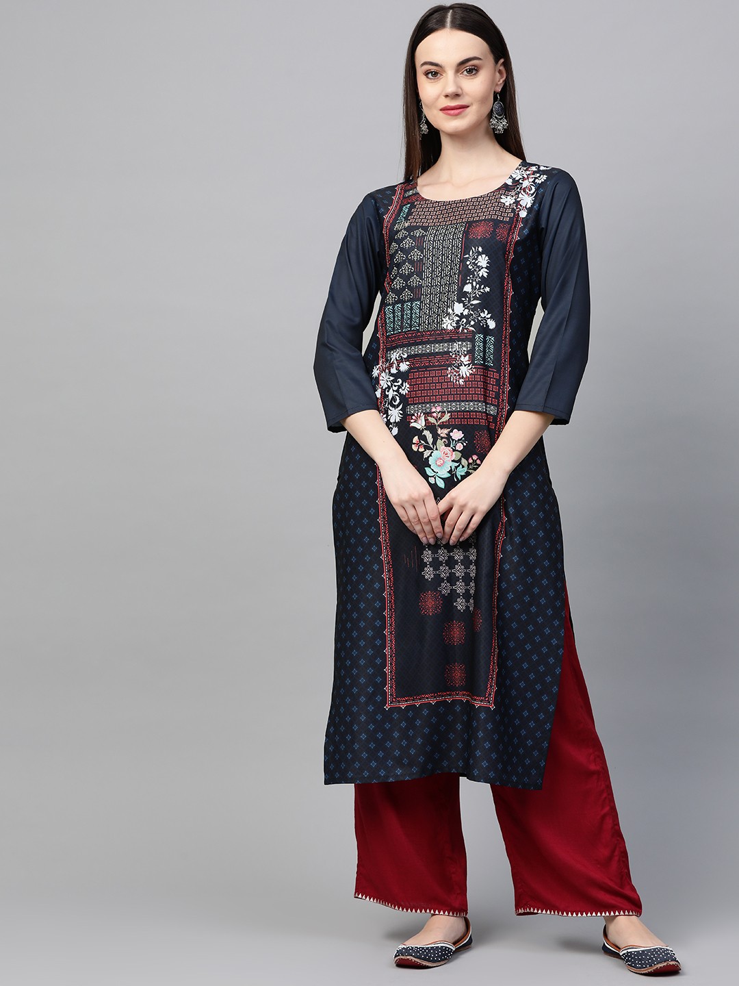 

AHIKA Women Navy Blue & Pink Screen Print Straight Kurta