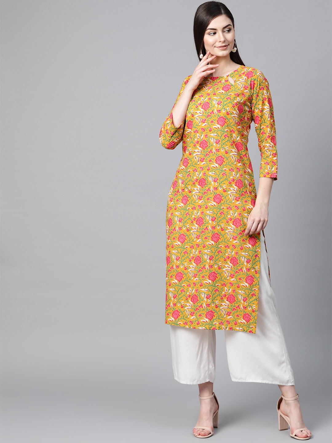 

AHIKA Women Mustard Yellow & Pink Printed Straight Kurta