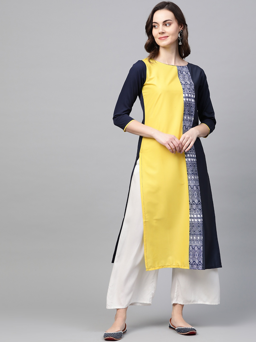 

AHIKA Women Navy Blue & Yellow Colourblocked Straight Kurta
