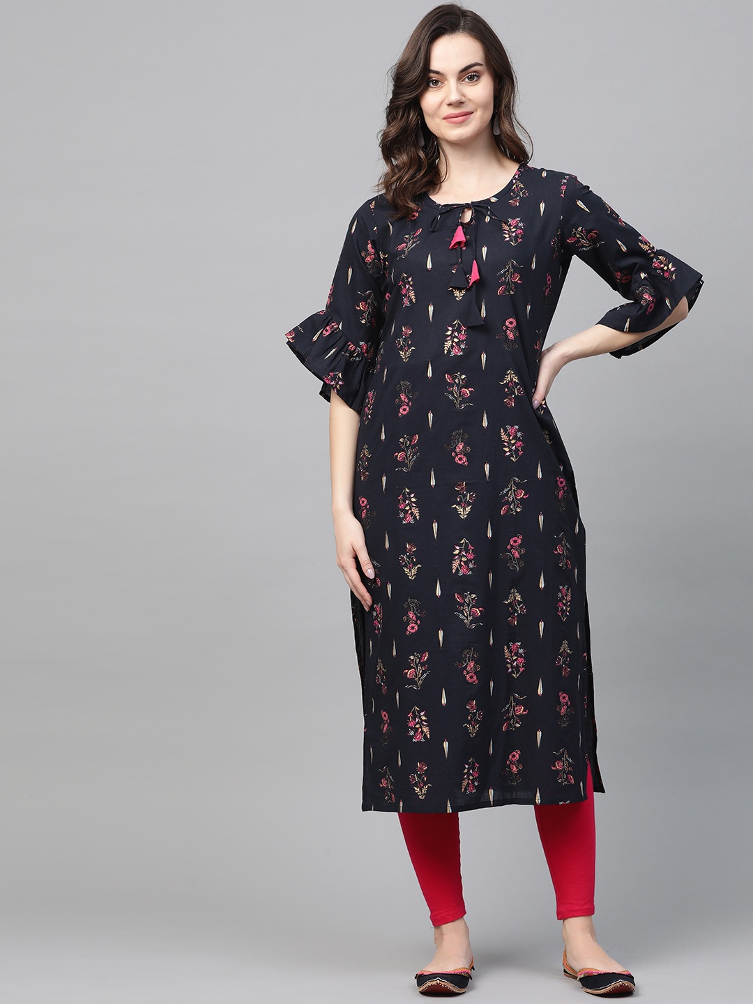 

AHIKA Women Navy Blue & Pink Printed Straight Kurta