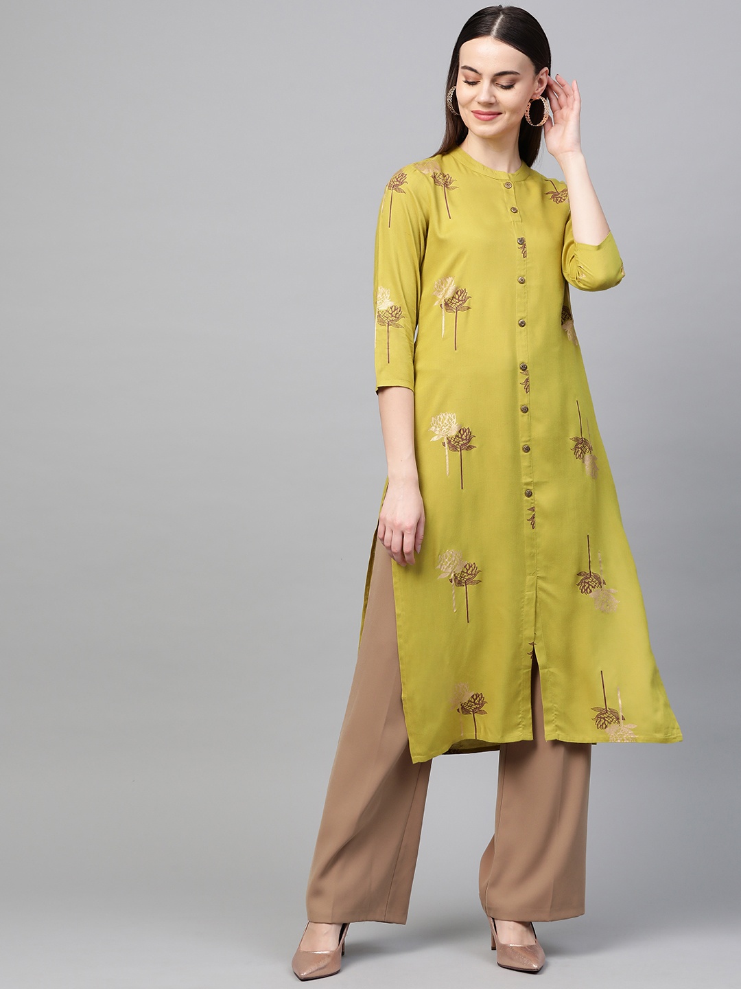 

AHIKA Women Green & Coffee Brown Printed Straight Kurta