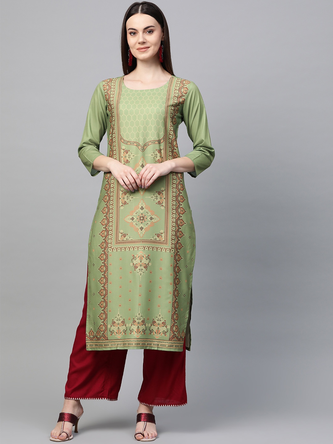 

AHIKA Women Green & Beige Printed Straight Kurta