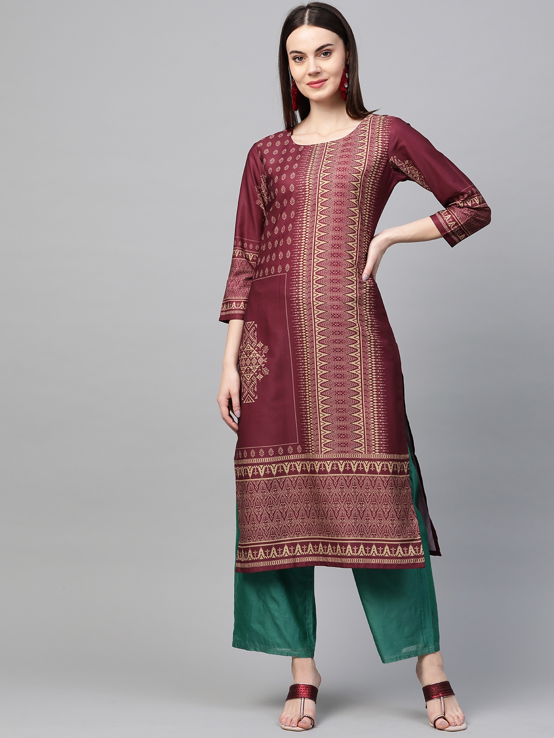 

AHIKA Women Maroon & Mustard Yellow Printed Straight Kurta