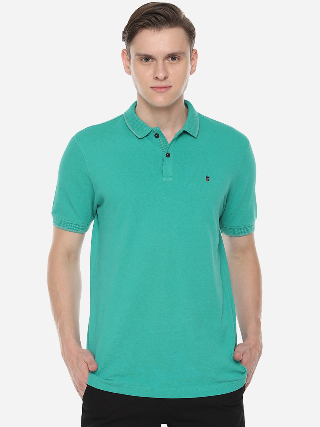 

Louis Philippe Sport Men Turquoise Blue Solid Polo Collar Pure Cotton T-shirt