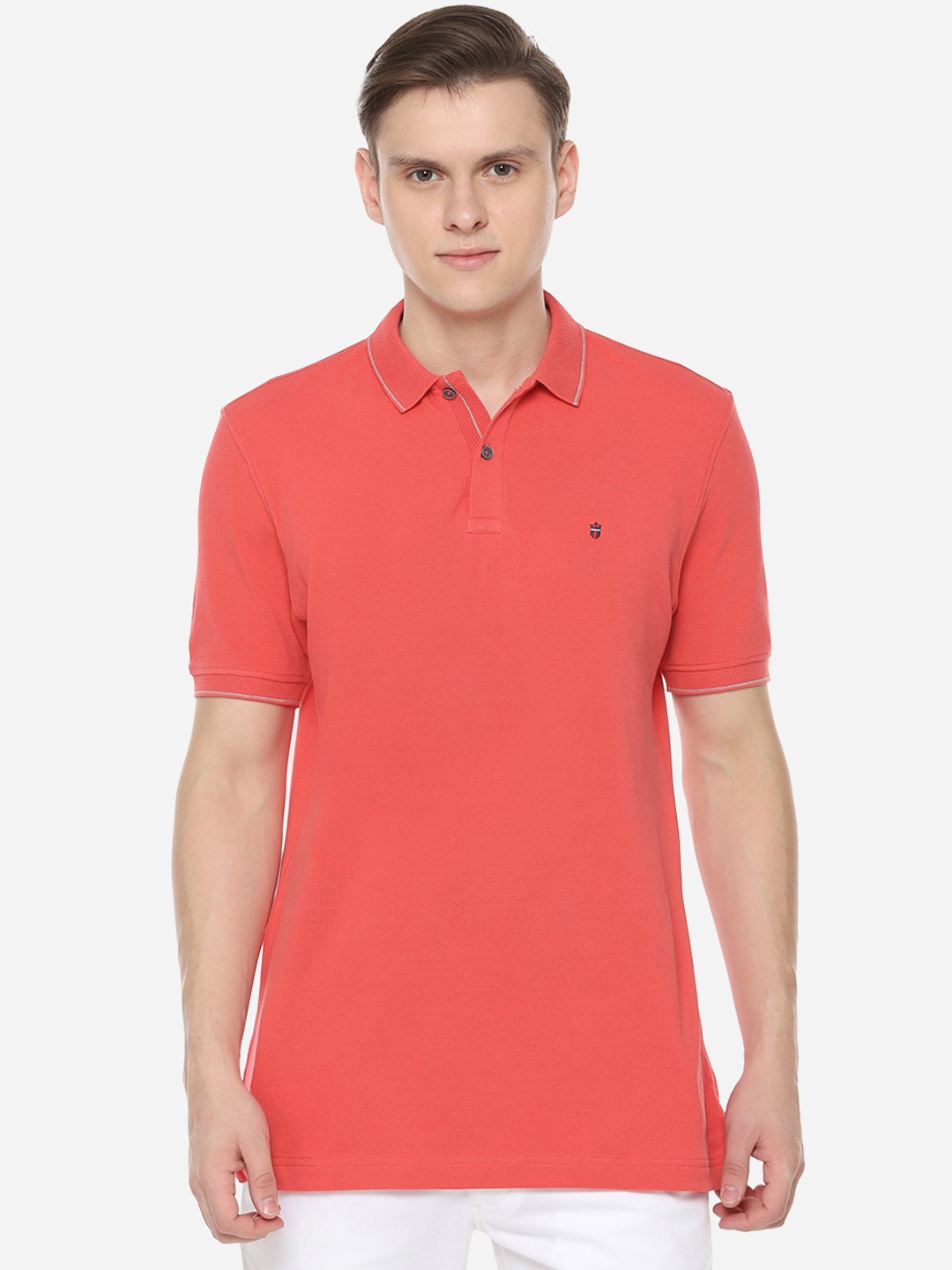 

Louis Philippe Sport Men Peach-Coloured Solid Polo Collar Pure Cotton T-shirt