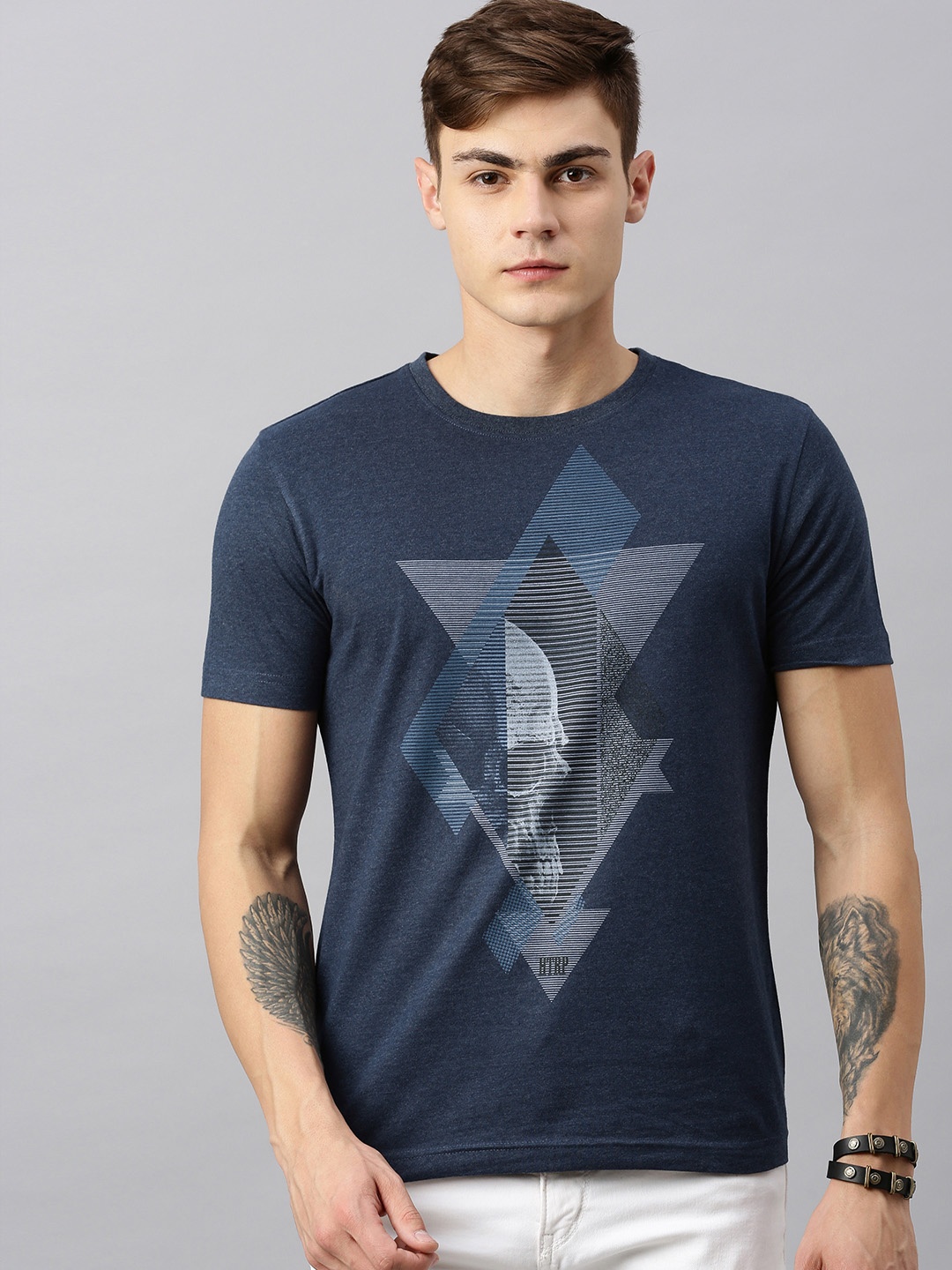 

Huetrap Men Navy Blue Printed Round Neck T-shirt