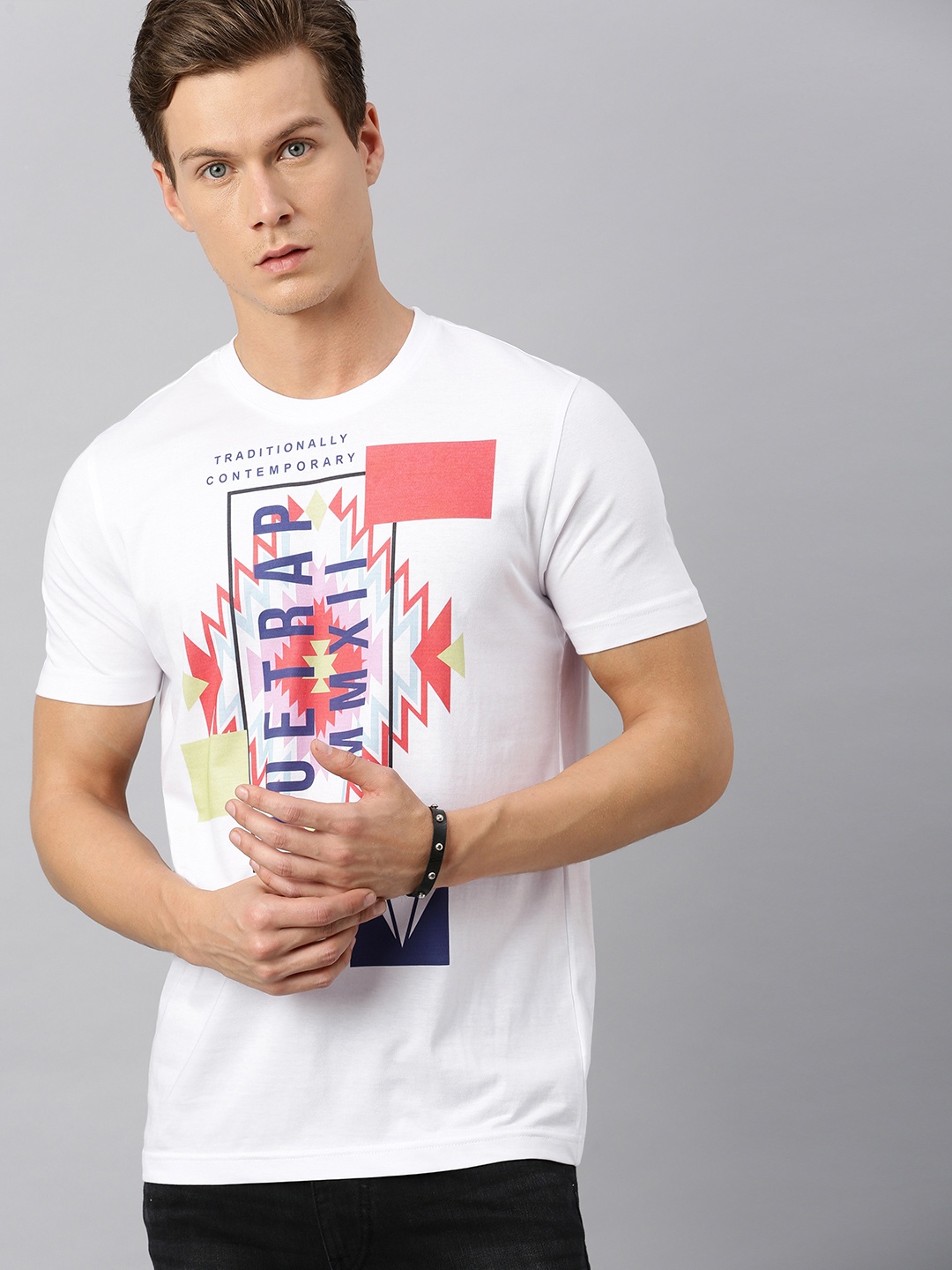 

Huetrap Men White Printed Round Neck Pure Cotton T-shirt