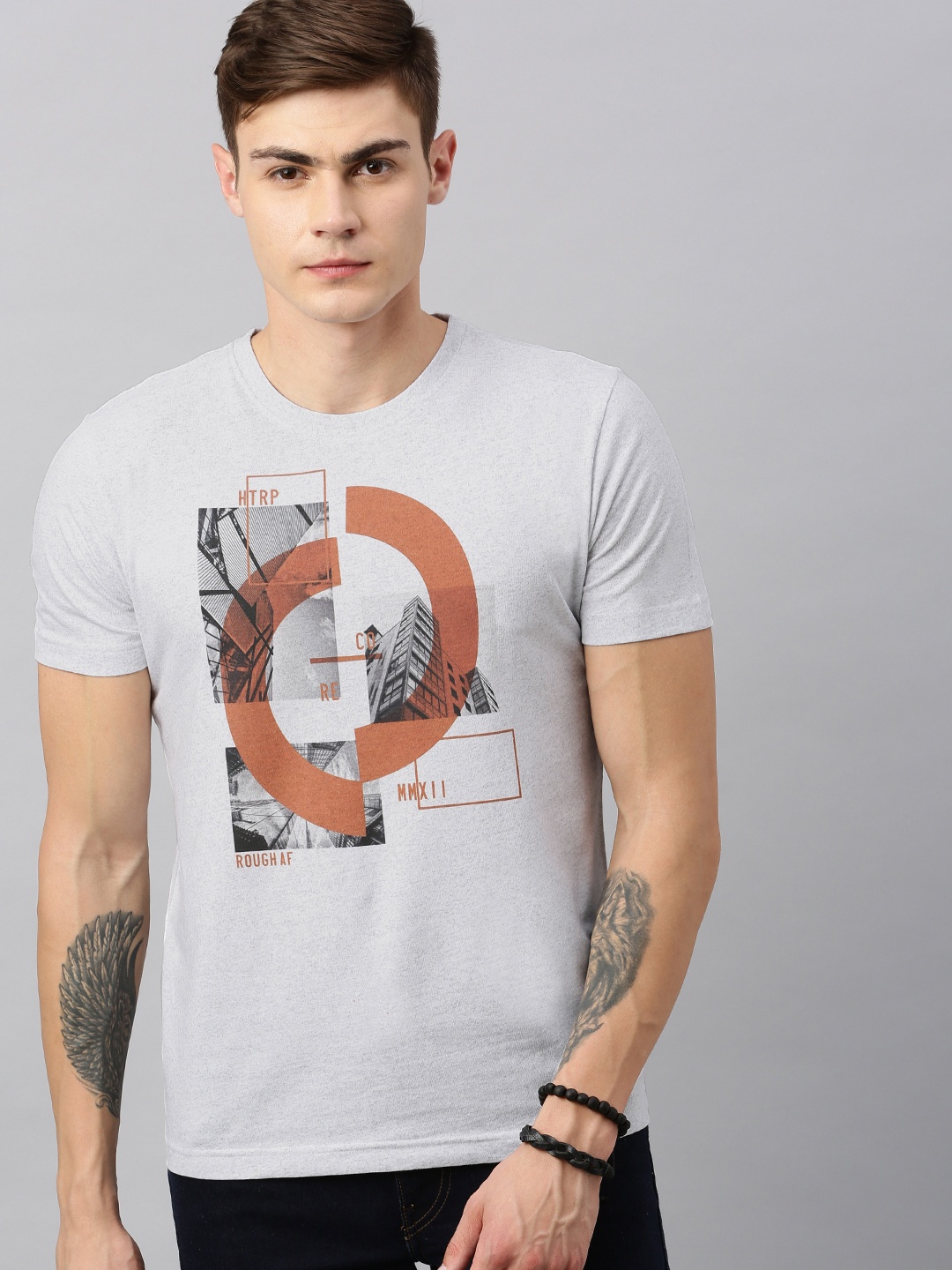 

Huetrap Men Grey Melange Printed Round Neck Sustainable T-shirt