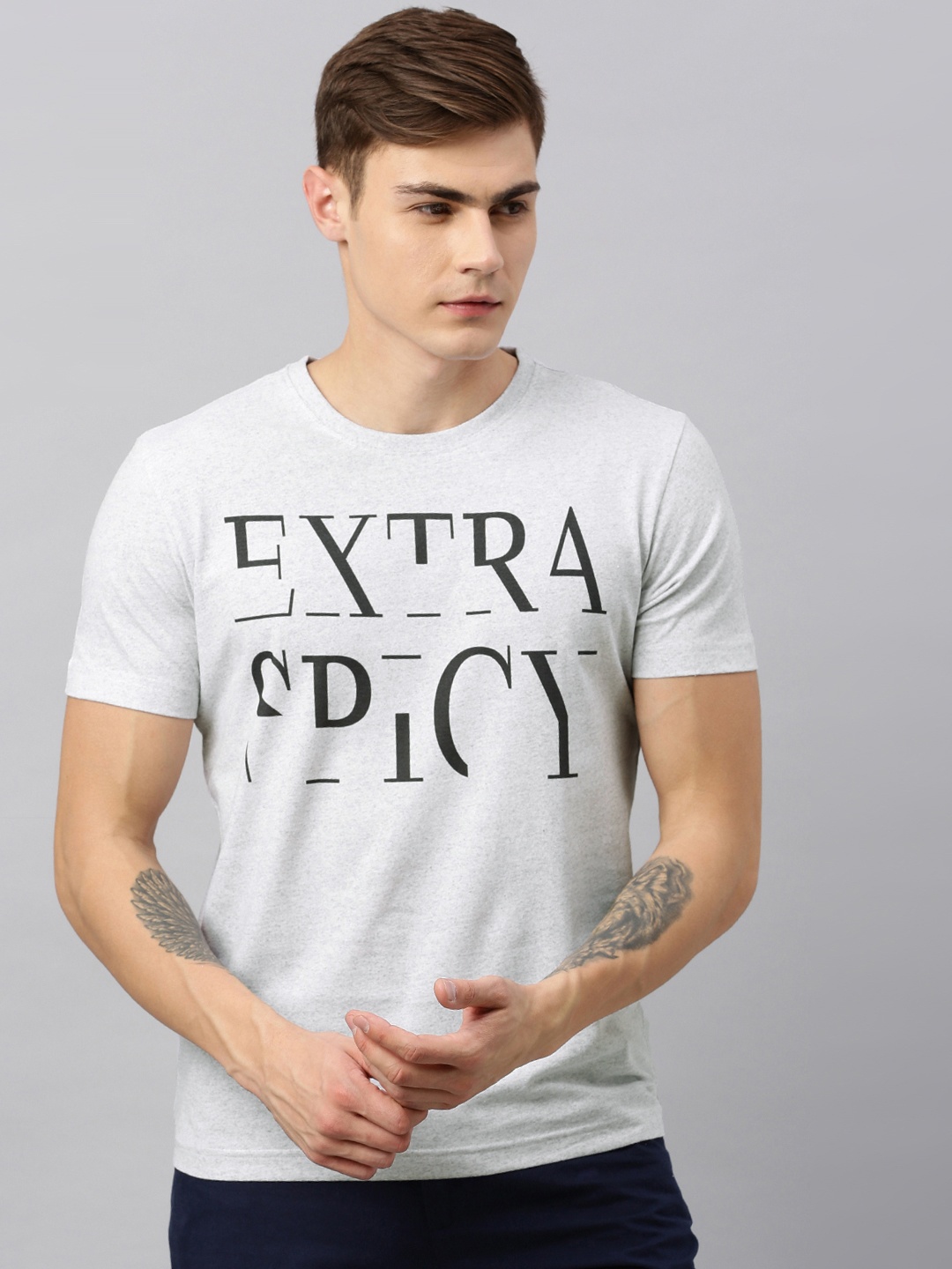 

Huetrap Men Grey Melange Printed Round Neck T-shirt