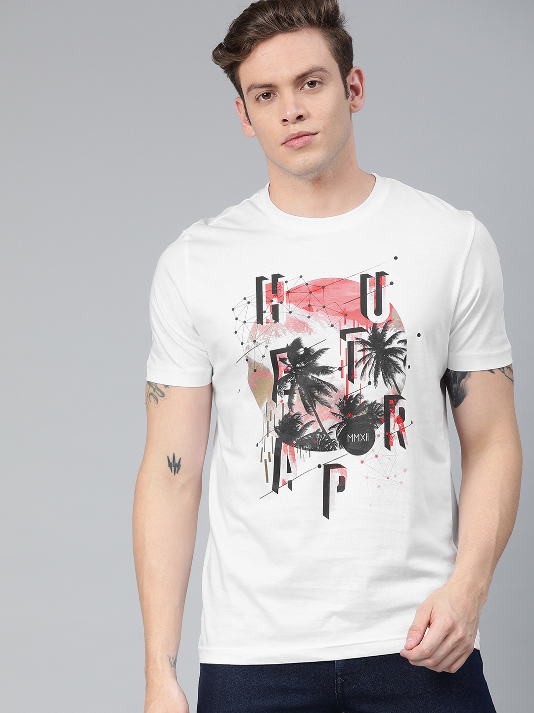 

Huetrap Men White Printed Round Neck Pure Cotton T-shirt