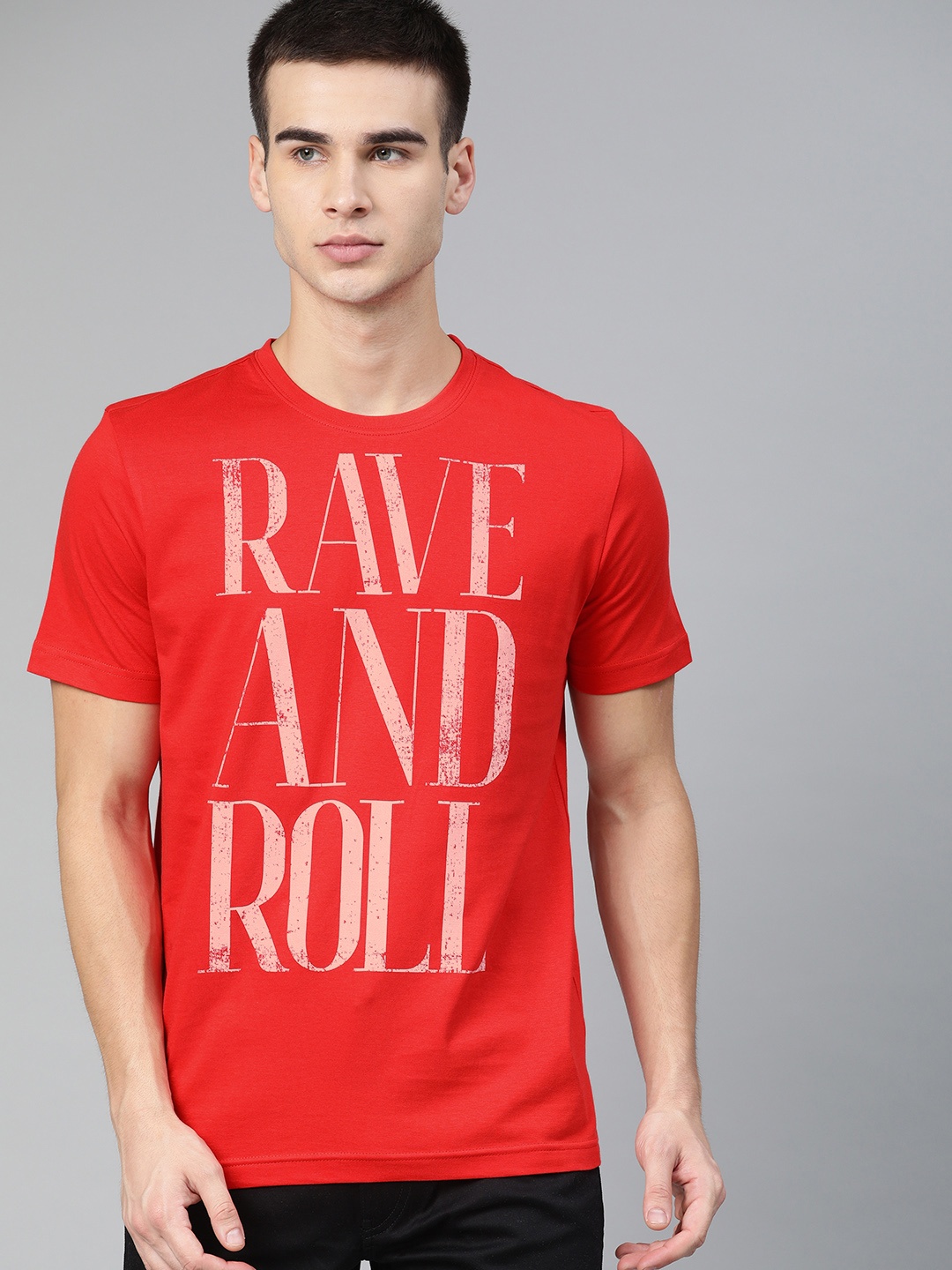 

Huetrap Men Red Printed Round Neck Pure Cotton T-shirt