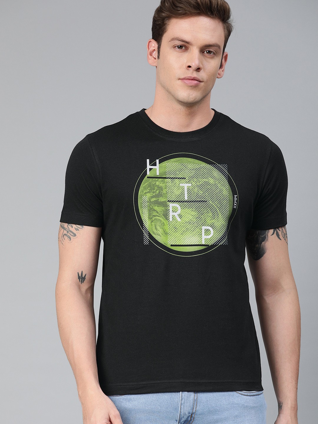 

Huetrap Men Black Printed Round Neck Sustainable T-shirt
