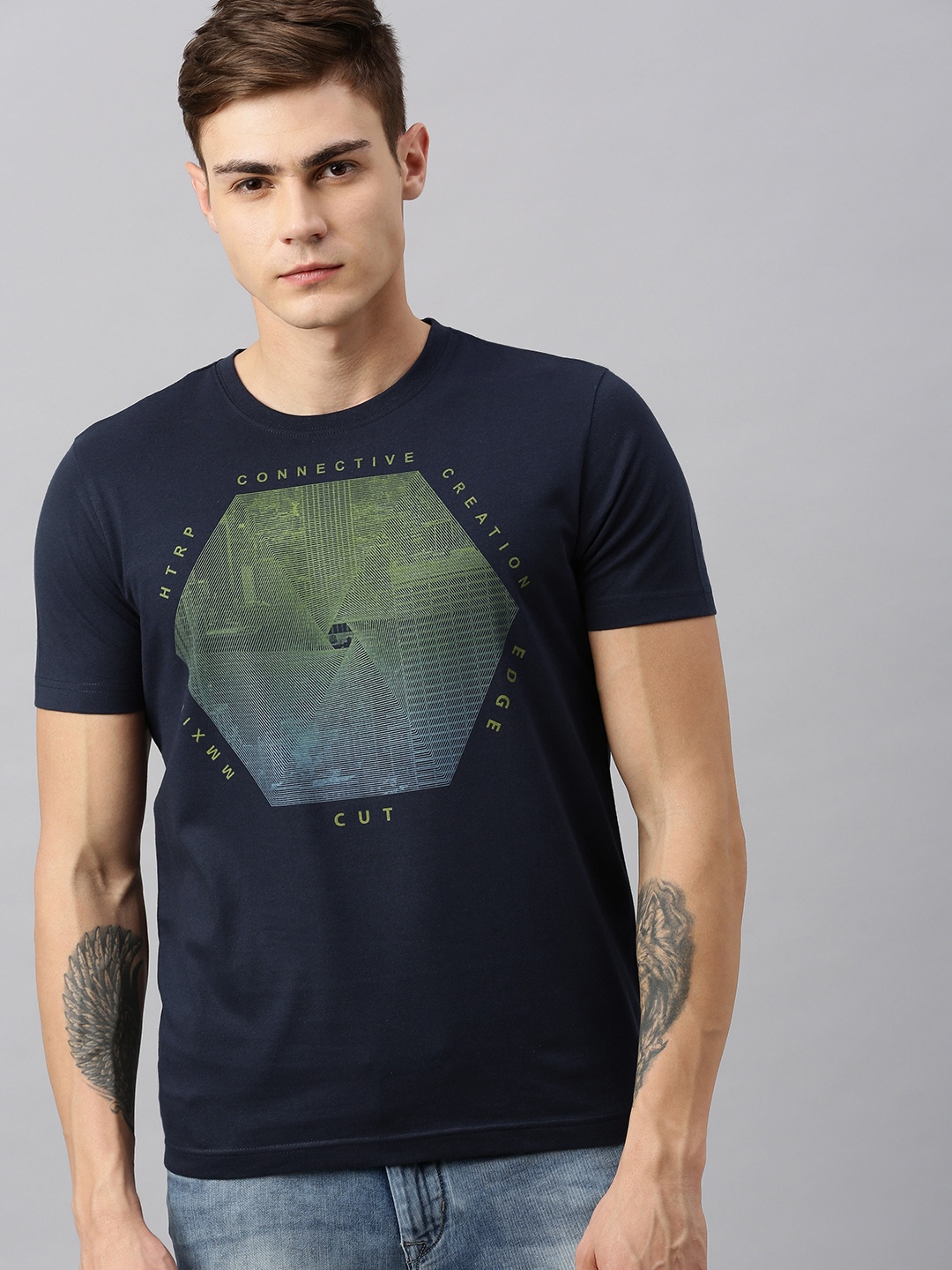 

Huetrap Men Navy Blue Printed Round Neck Sustainable T-shirt