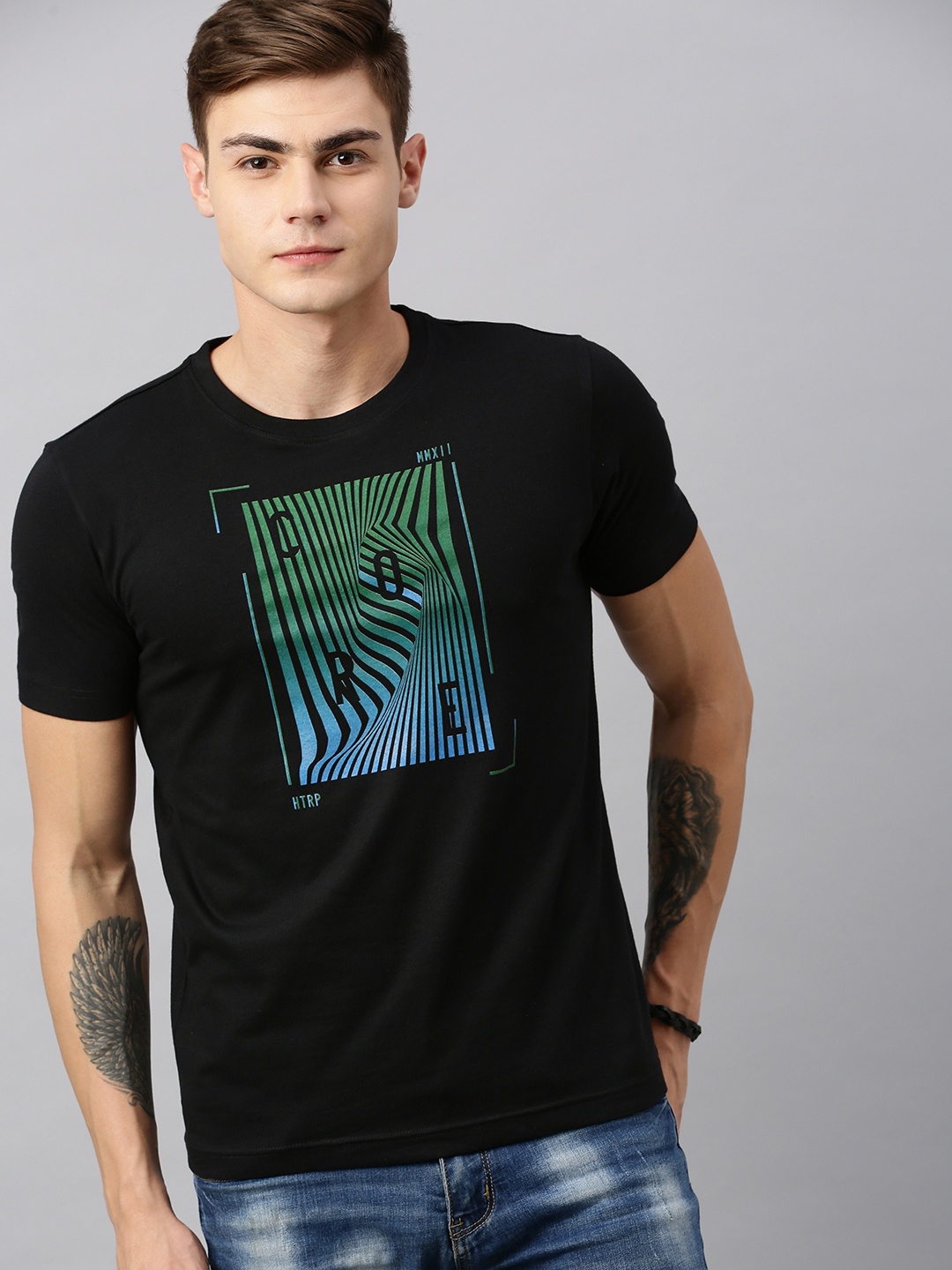 

Huetrap Men Black Printed Round Neck Sustainable T-shirt