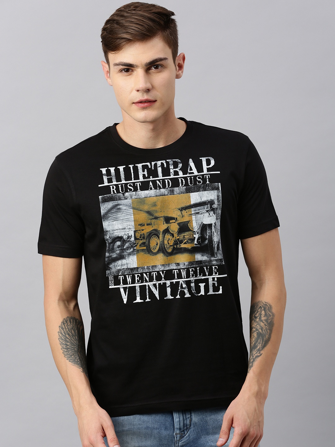 

Huetrap Men Black Printed Round Neck Pure Cotton T-shirt