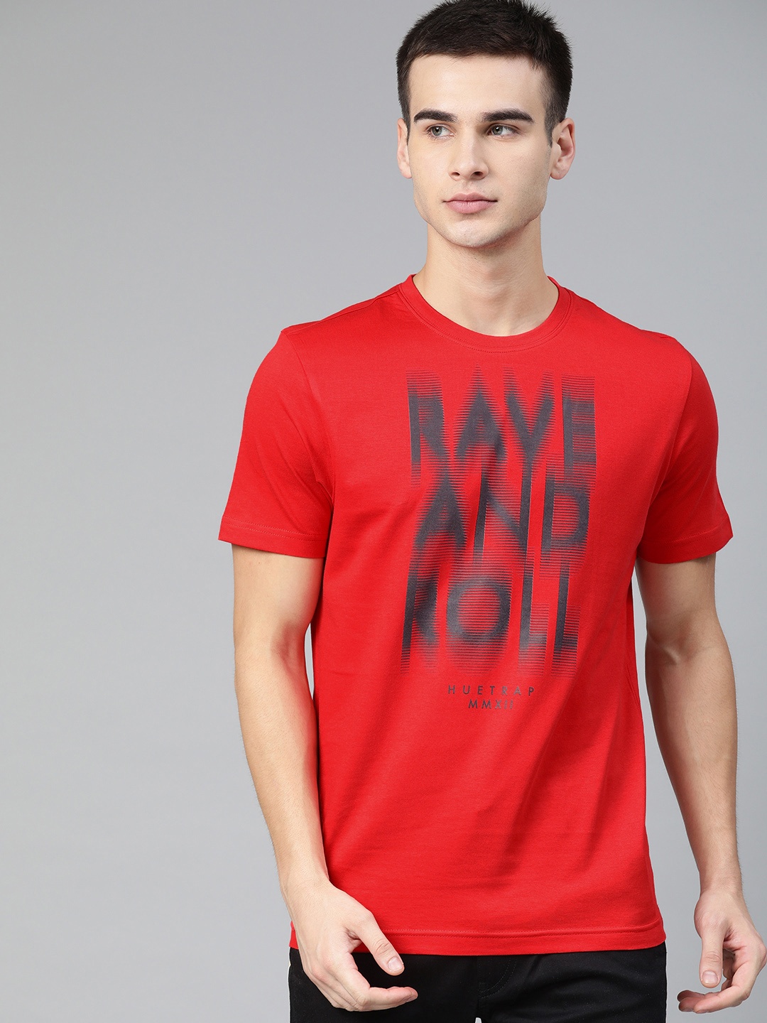 

Huetrap Men Red Printed Round Neck Pure Cotton T-shirt