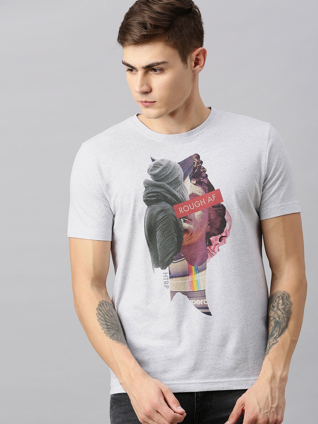 

Huetrap Men Grey Melange Printed Round Neck T-shirt