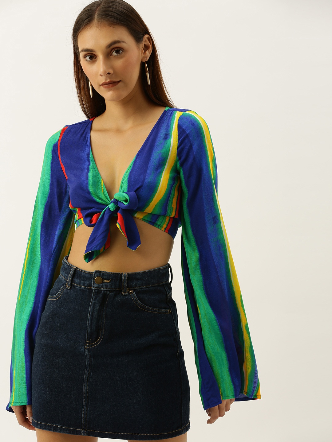 

FOREVER 21 Women Navy Blue & Green Candy Striped Crop Top With Tie-Up Detail