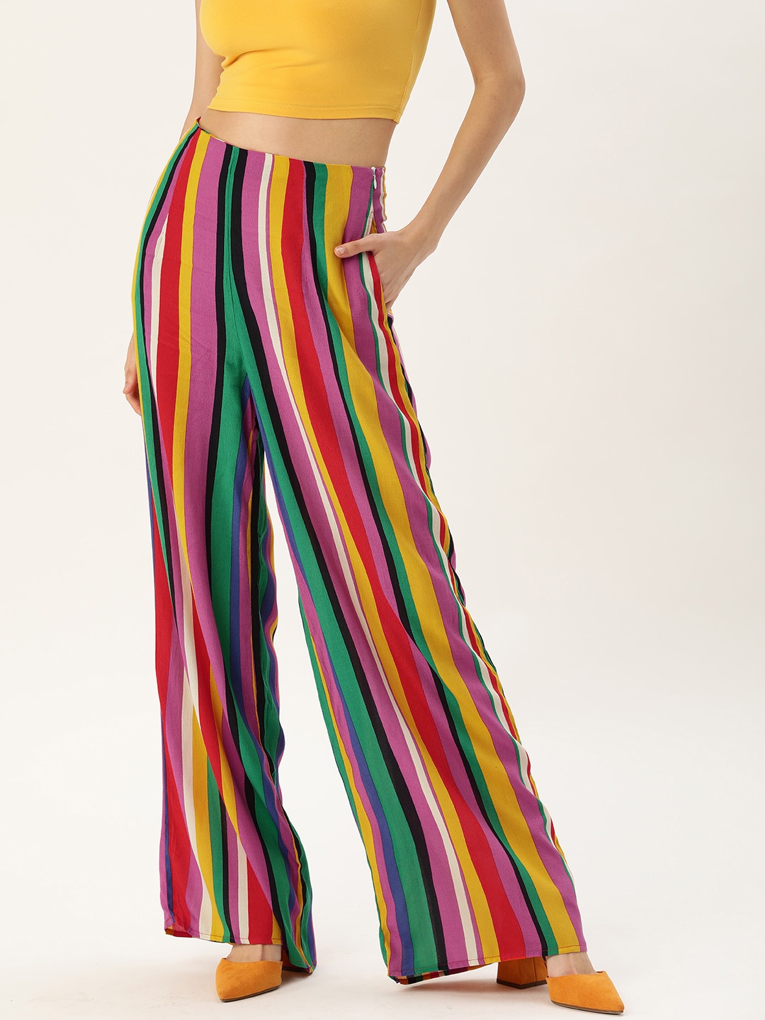 

FOREVER 21 Women Multicoloured Regular Fit Candy Striped Parallel Trousers, Multi