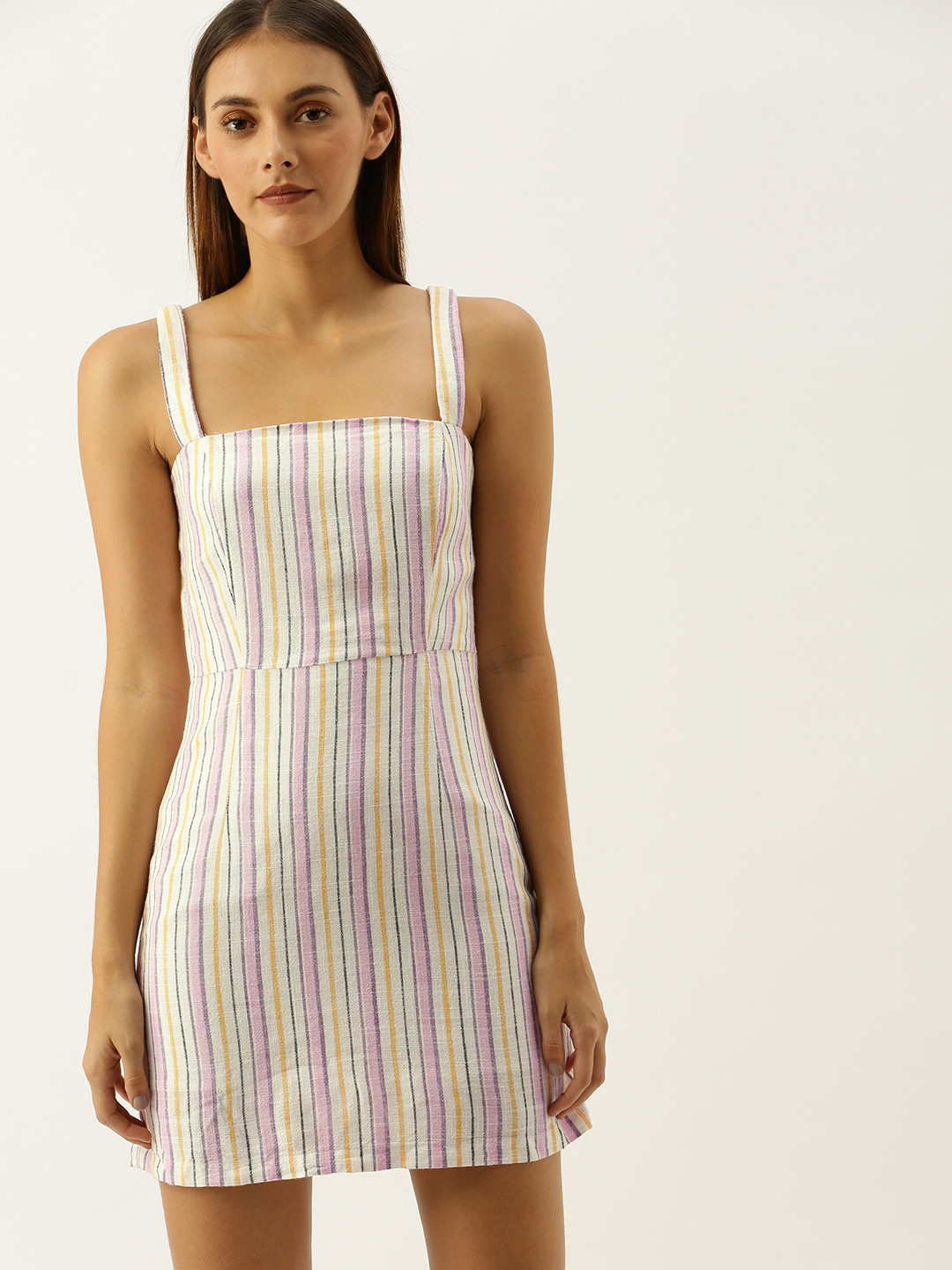 

FOREVER 21 Women White & Pink Striped Linen Sheath Dress