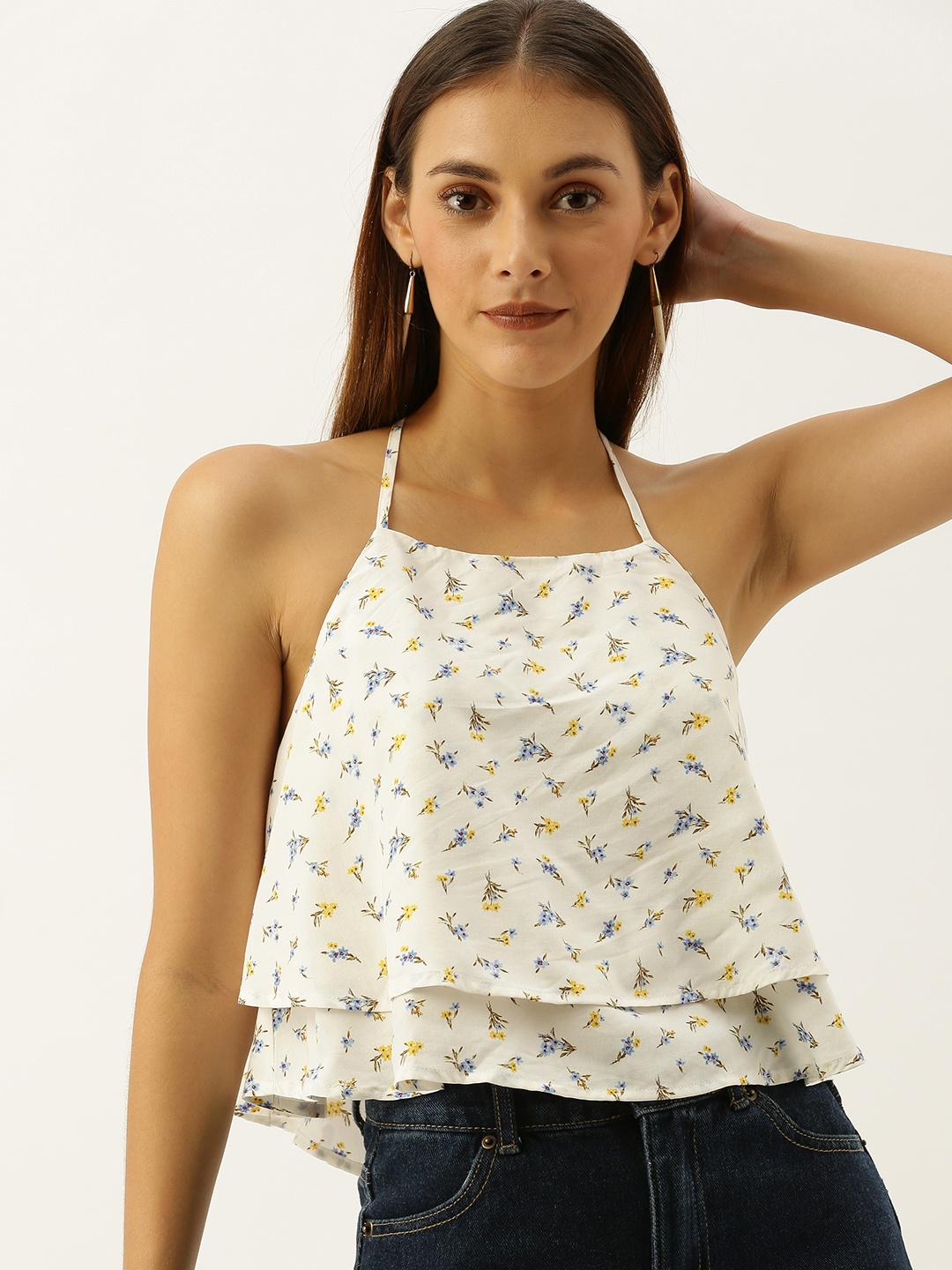 

FOREVER 21 Women White Printed Layered A-Line Top