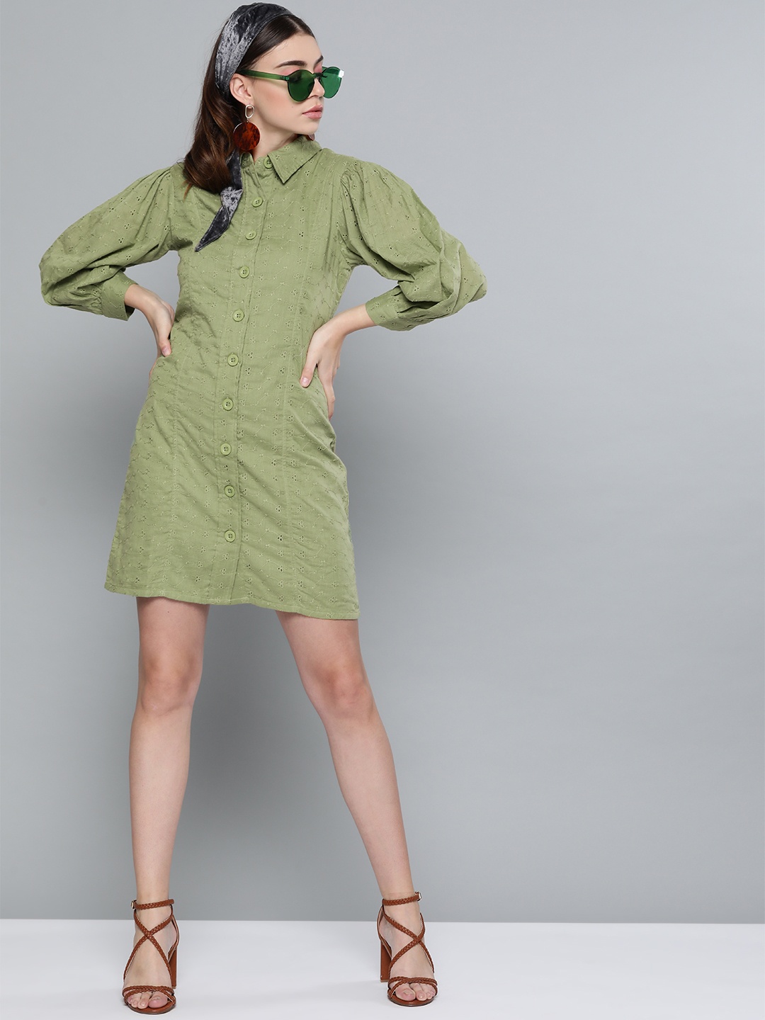 

SASSAFRAS Women Olive Green Schiffli Embroidered Shirt Dress