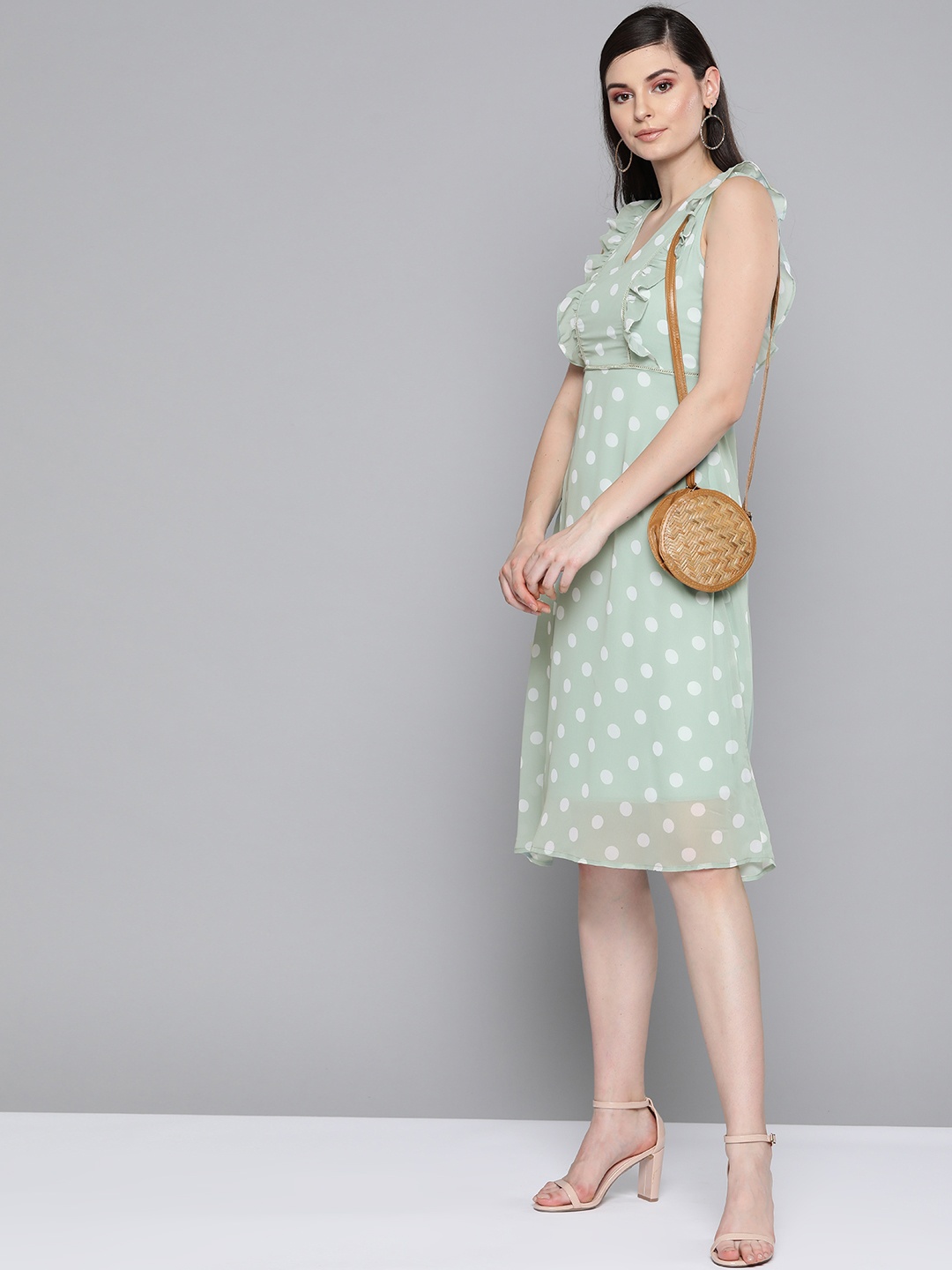

SASSAFRAS Mint Green & Off-White Polka Dots Print Fit and Flare Dress