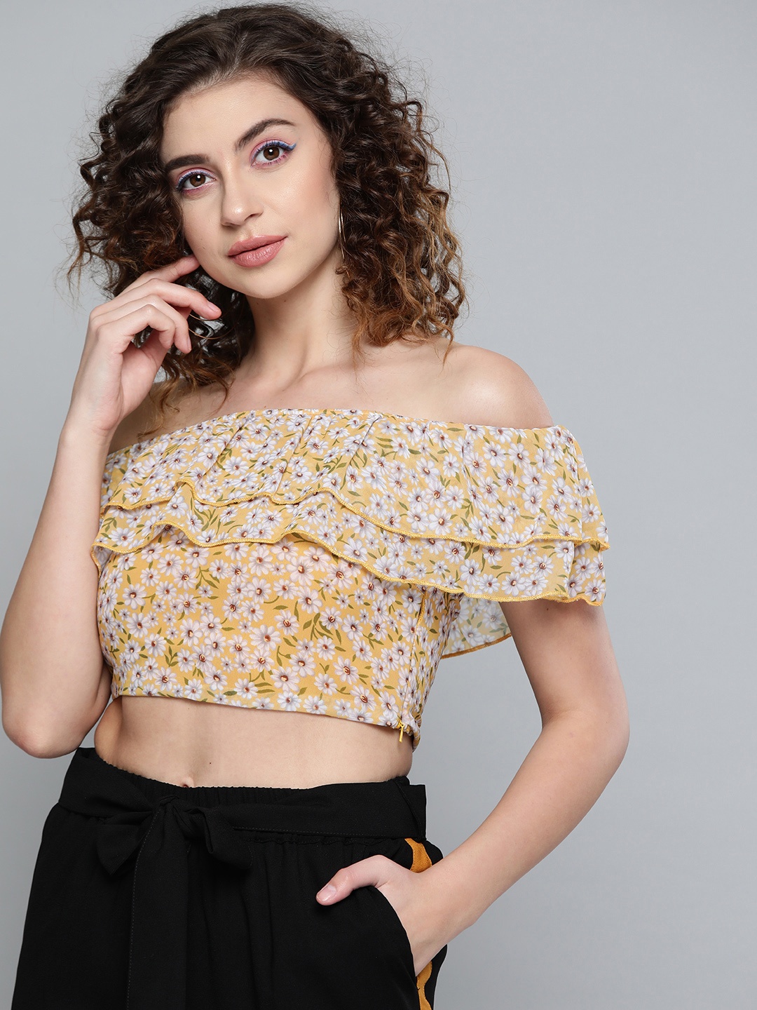 

SASSAFRAS Women Mustard Yellow & Off-White Printed Crop Bardot Top